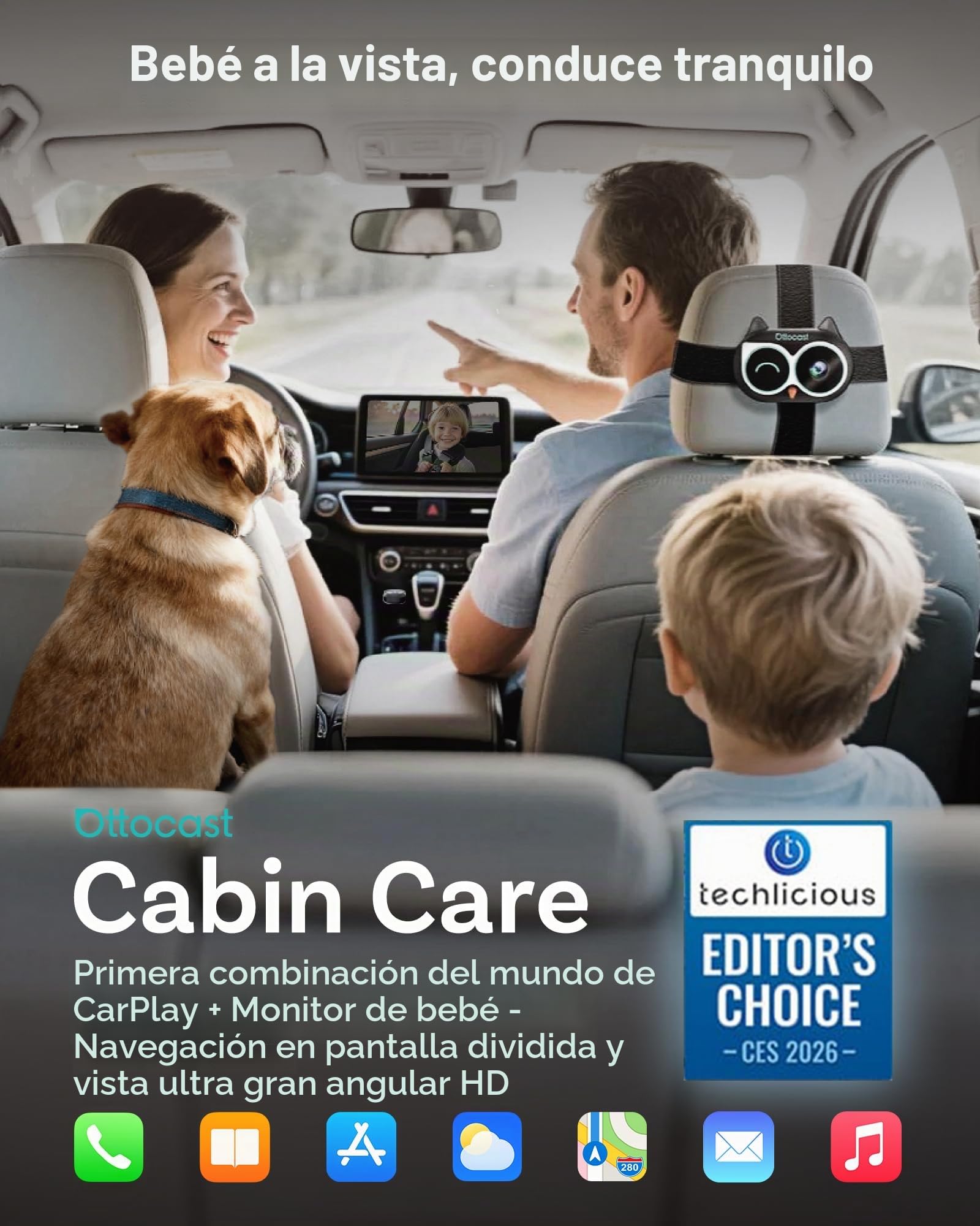 OTTOCAST Adaptador de cuidado de cabina 2026 en 1 para cámara de coche de bebé y adaptador inalámbrico CarPlay, no necesita pantalla adicional, monitor de bebé de coche 1080P para visión nocturna sin