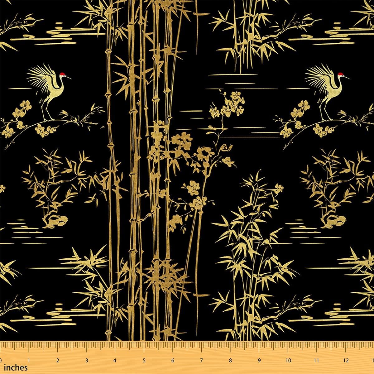Bamboo Silhouette Fabric by The Yard Gold Sketch Crane Outdoor Plants Fabric for Craft Art Lovers Eastern Style Botanical Leaves Wild Animal Fabric for Room Decor and DIY Upholstery 3 Yards,108"Lx59"W