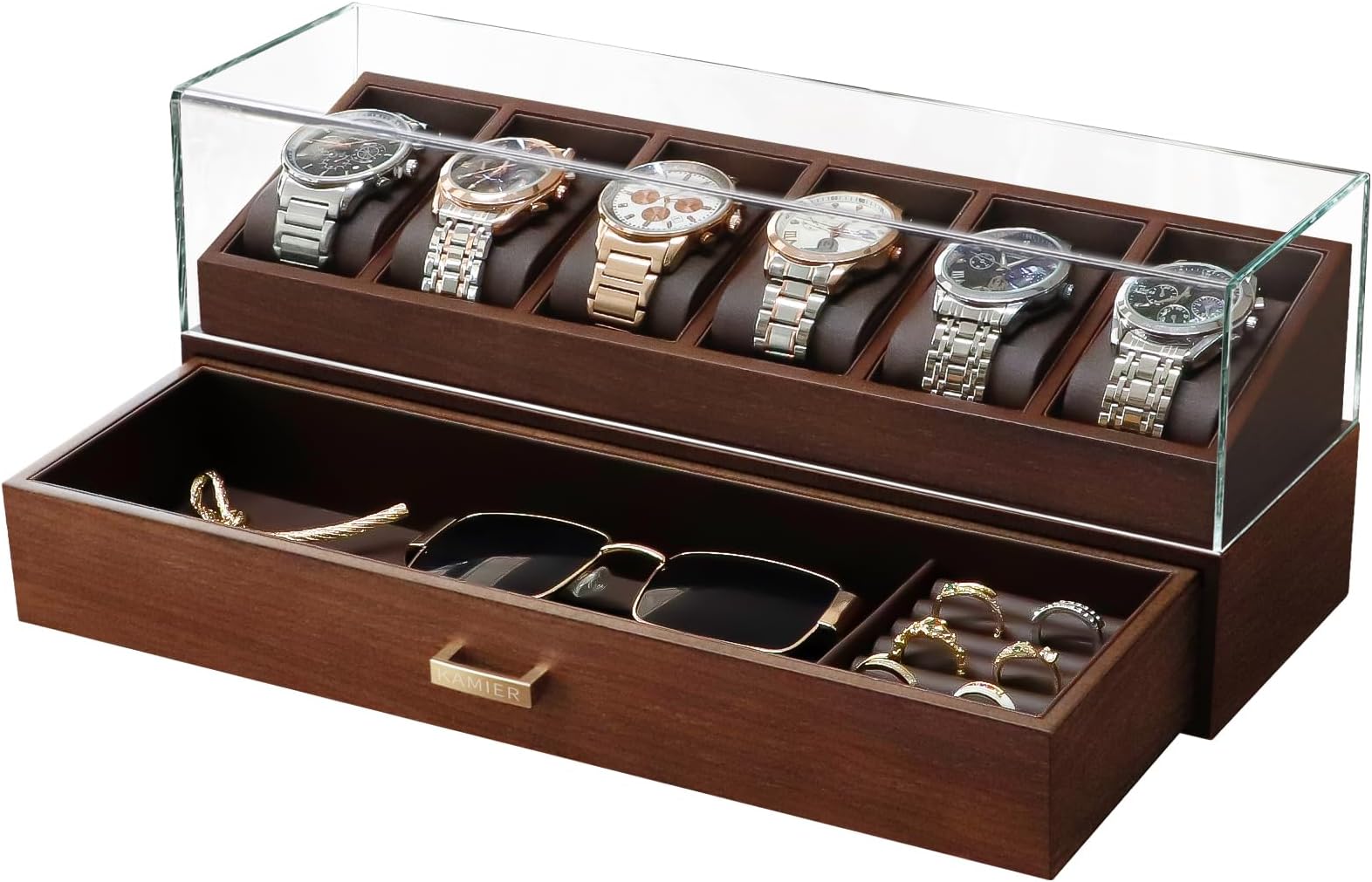 KAMIER 6 Slot Watch Box for Men, Solid Wooden 2-Tier Mens Watch Storage Box,Luxury Watch Display Case with Glass Lid,Jewellery Box and Watch Organizer Gift Box for Women Men - Walnut