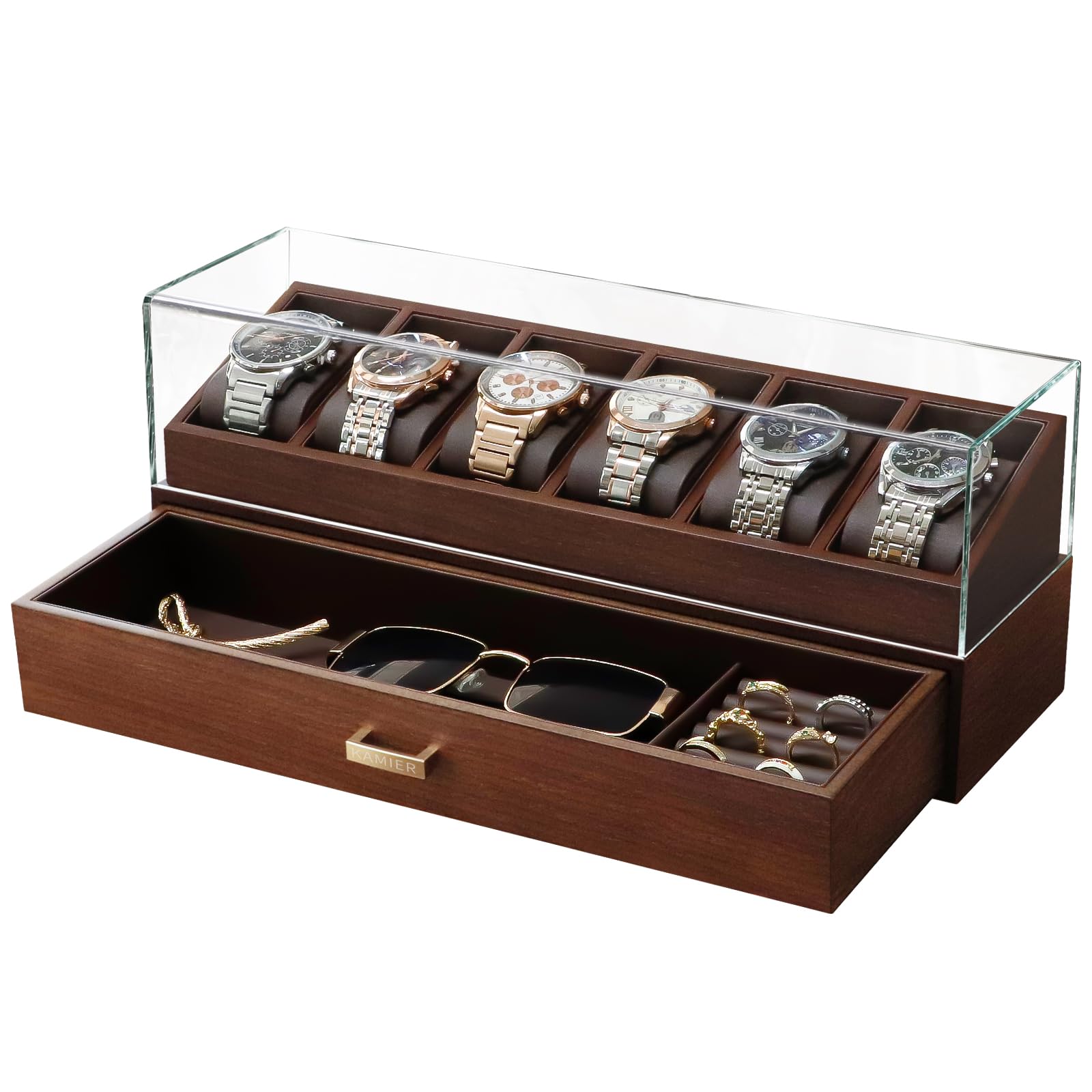 KAMIER Uhrenbox 6 Uhren für Herren,Uhrenaufbewahrungsbox mit Schublade,2 Stöckige Holz Uhren Box mit Glasdeckel,Groß Schmuckkasten Herren,Uhrenetui Geschenk für Männer Frauen- Walnuss