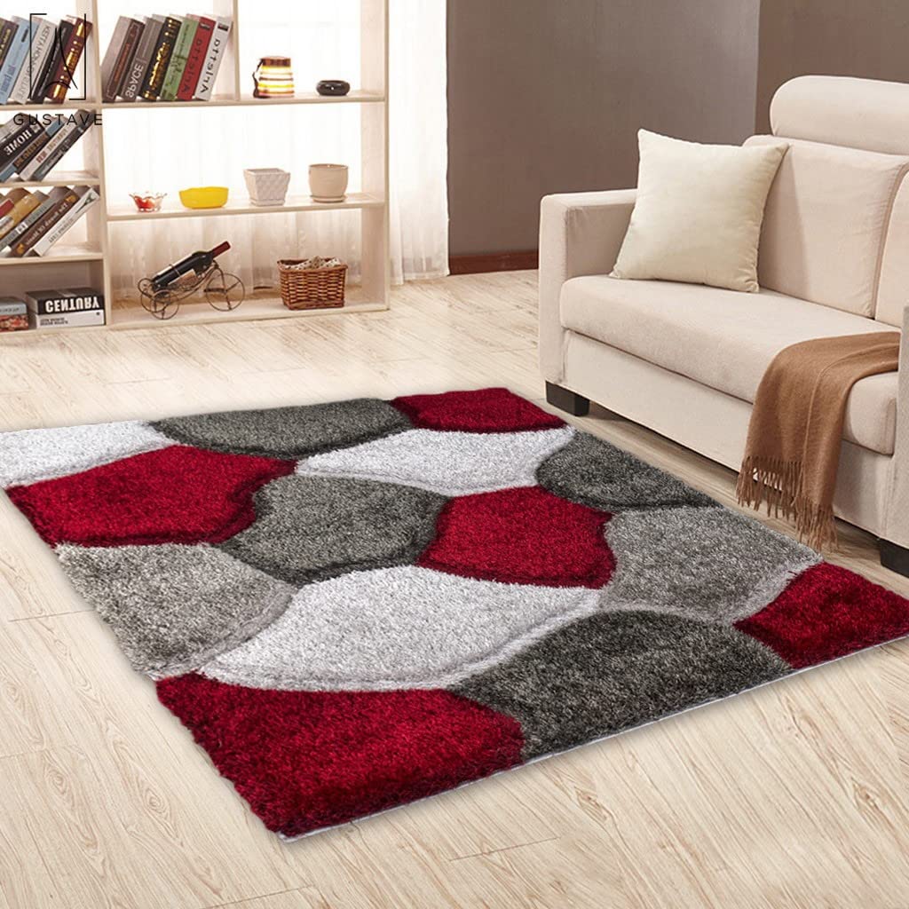 – Soft Large Shaggy Rugs Modern 3D Design Carved Fluffy Rugs for Living Room Bedroom Small Floor Mats (Red Grey, 60 x 110 cm)