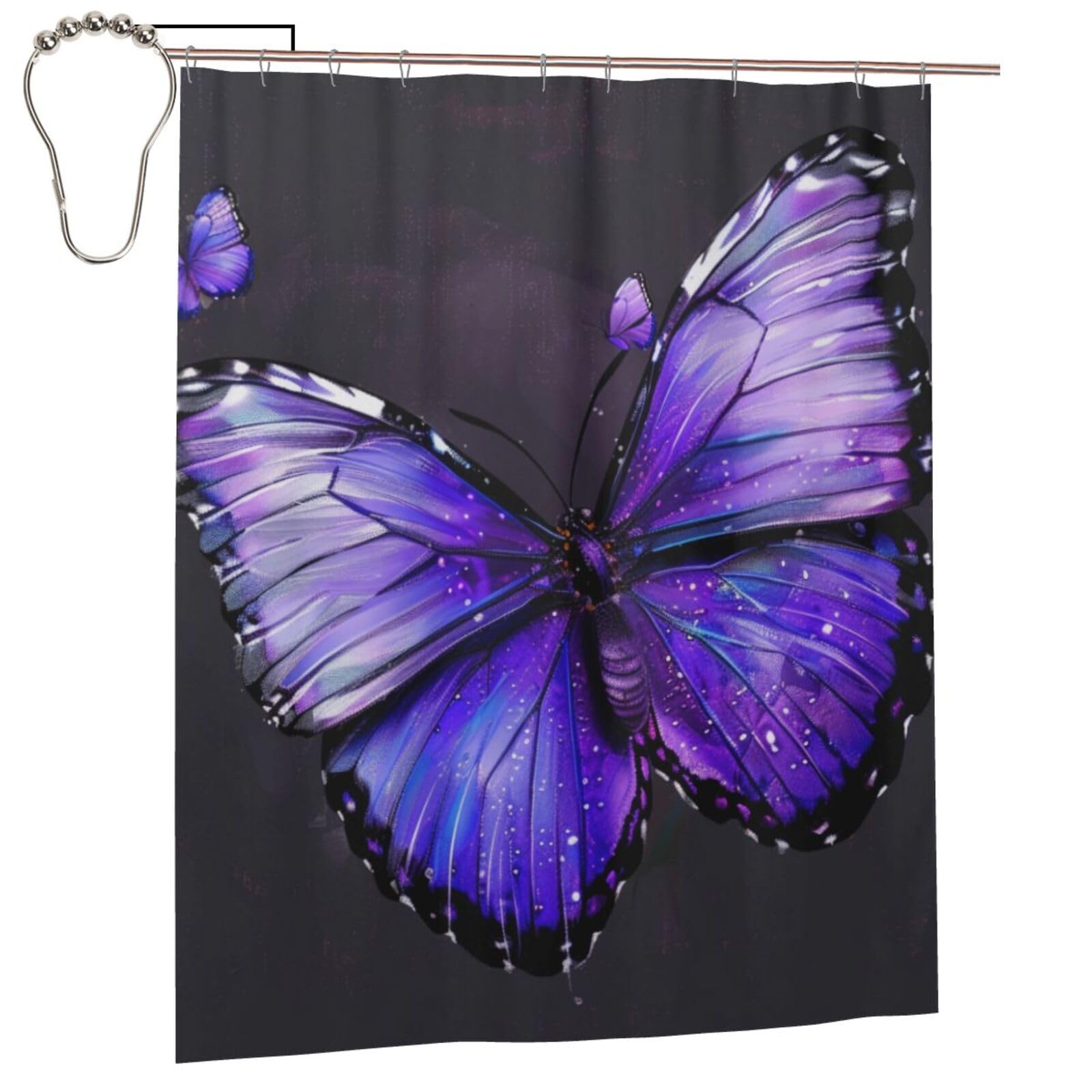 BWWHCCTI Purple Butterflys Printed Shower Curtain With 12 Iron Hooks Opaque Quick Drying Waterproof Shower Curtains Sets For Bathroom 152x183 Cm