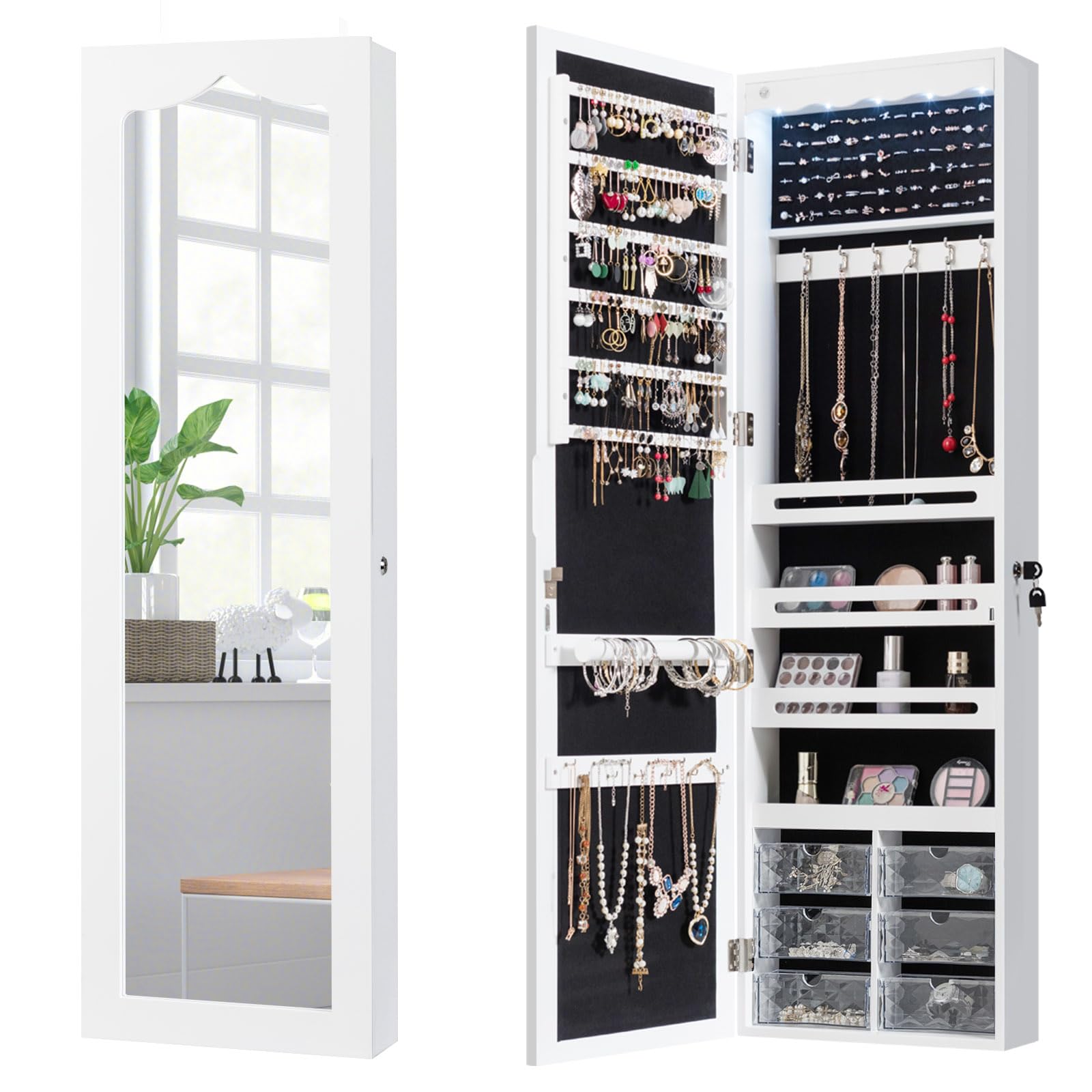 GOPLUS Armoire à Bijoux Mural avec Miroir et Lumière LED, Armoire de Rangement Mural, Accrochée à la Porte avec Serrure, Meuble de Rangement, Miror Porte-Bijoux 120 x 36,5 x 11,5CM, Blanc