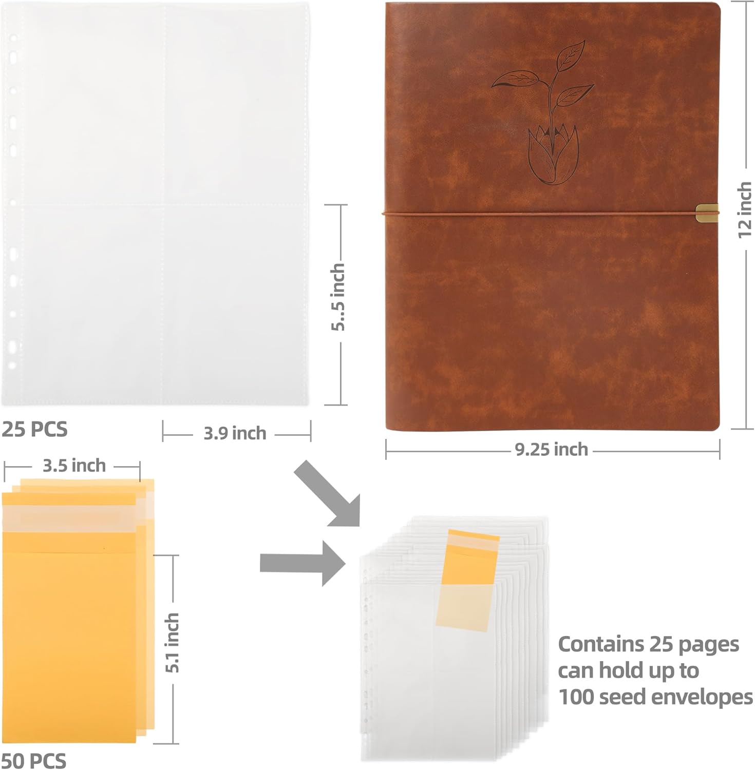 U0U Seed Storage Organizer Binder,Seed Packet Organizer with 50Pcs Garden Envelopes and 25 Clear Pocket Sheets,Seed Storage Binder Kit for Protecting Vegetable Seeds (Brown, 9.8 x 12inch)