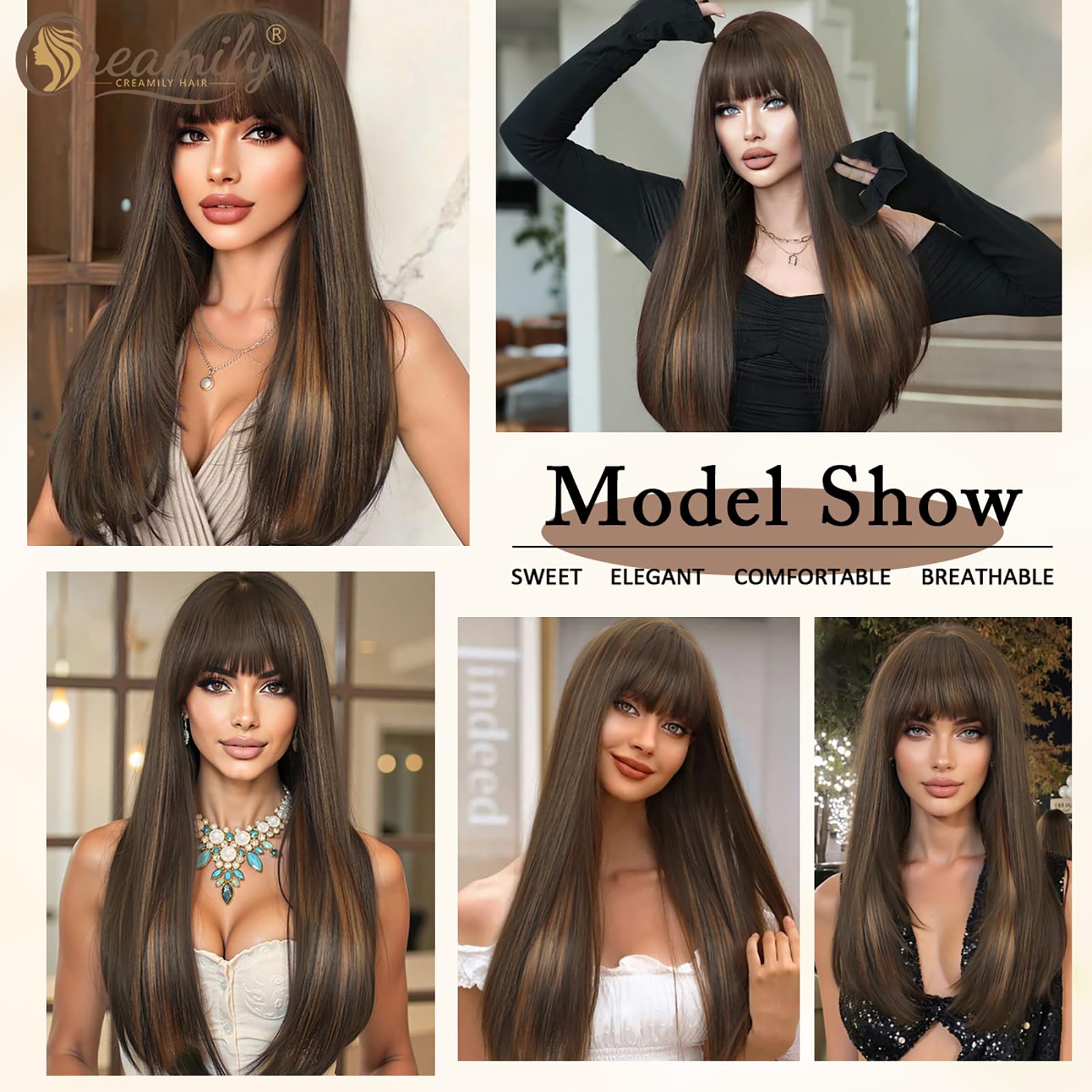 Creamily Long Brown Wig with Bangs for Women Straight Synthetic Wig with Bangs Heat Resistant Layered Natural Looking Wigs for Daily Party Use 26 Inch (Deep Brown with Caramel Highlights) - Image 4