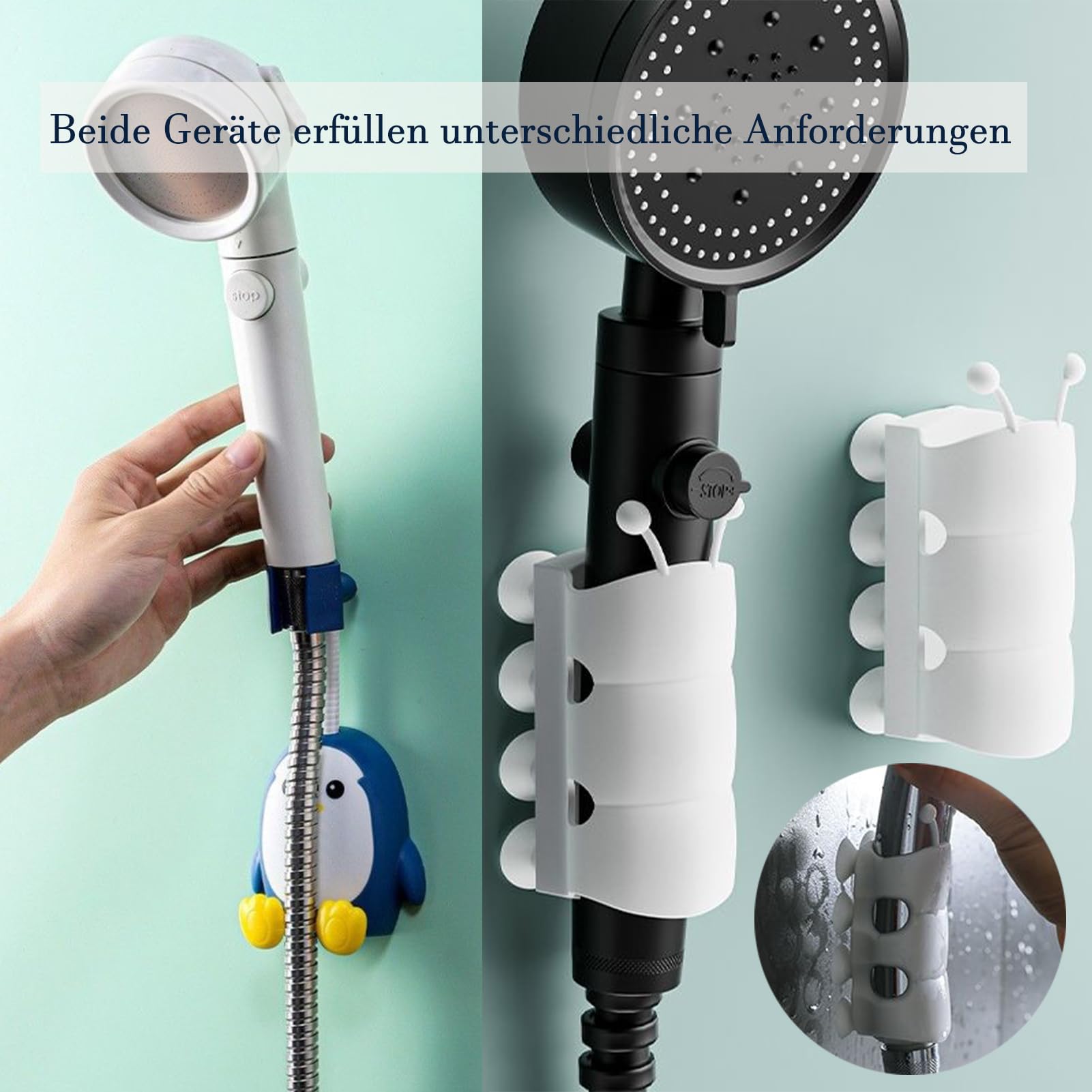 MIUPOO Duschhalterung ohne Bohren Silikon Saugnapf Handbrause Halterung Duschstabhalter Duschkopfhalter Wandhalterung Pinguin Cartoon Duschhalterung, 360° Verstellbar,2 Stücke