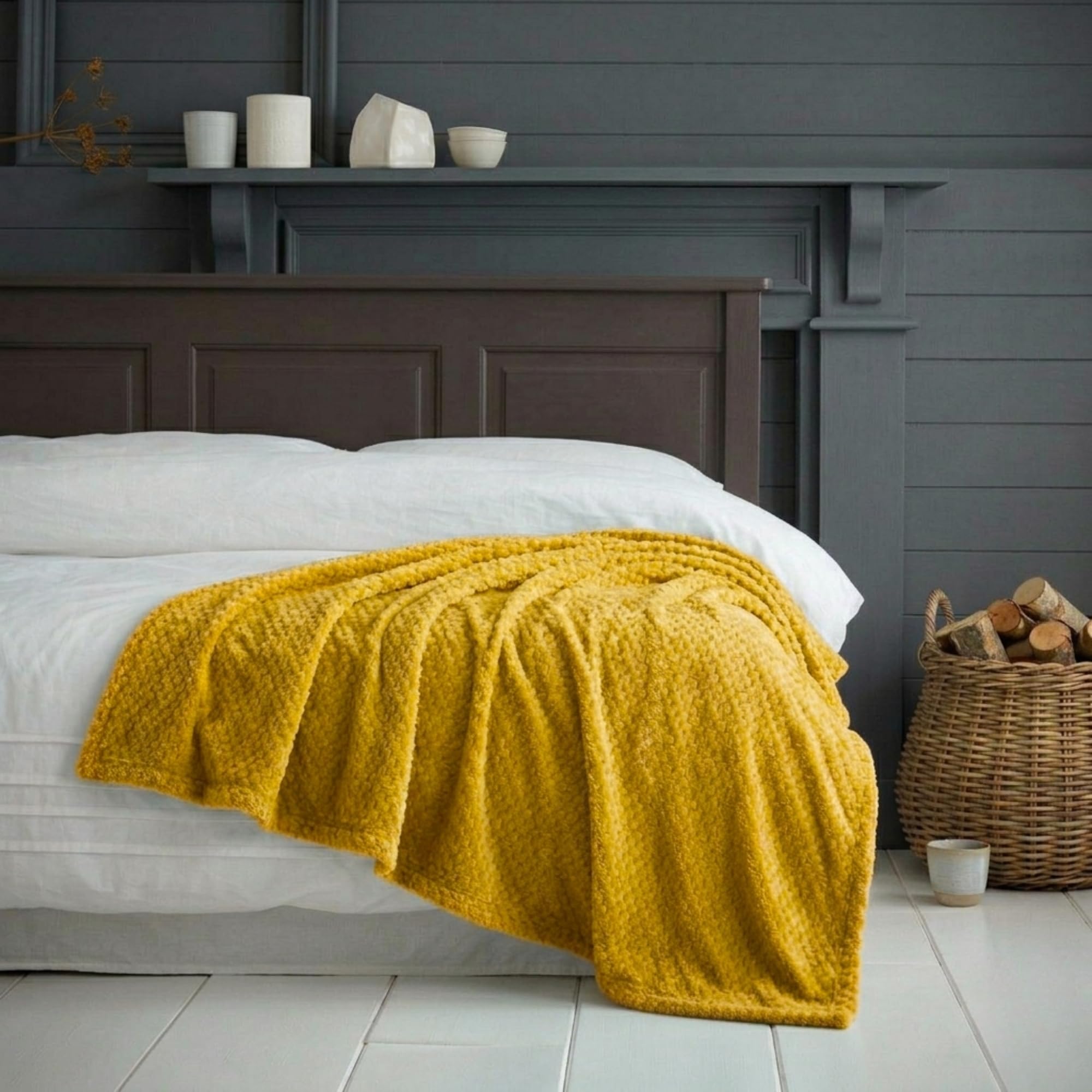 Luxury Popcorn Waffle Fleece Throw Blankets Super Soft Warm & Cozy Sofa & Bed Fleece Throw Blankets (Ochre, King(200x240cm)