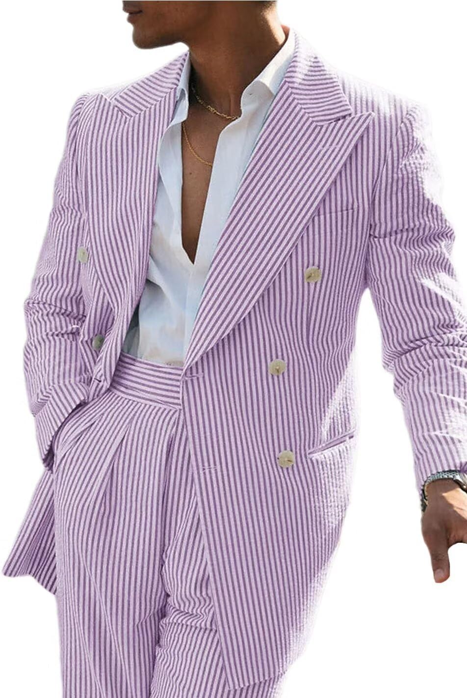 Men's Striped Seersucker Suits 2 Piece Slim Fit Wedding Tuxedo Summer Beach Leisure Suits Sets