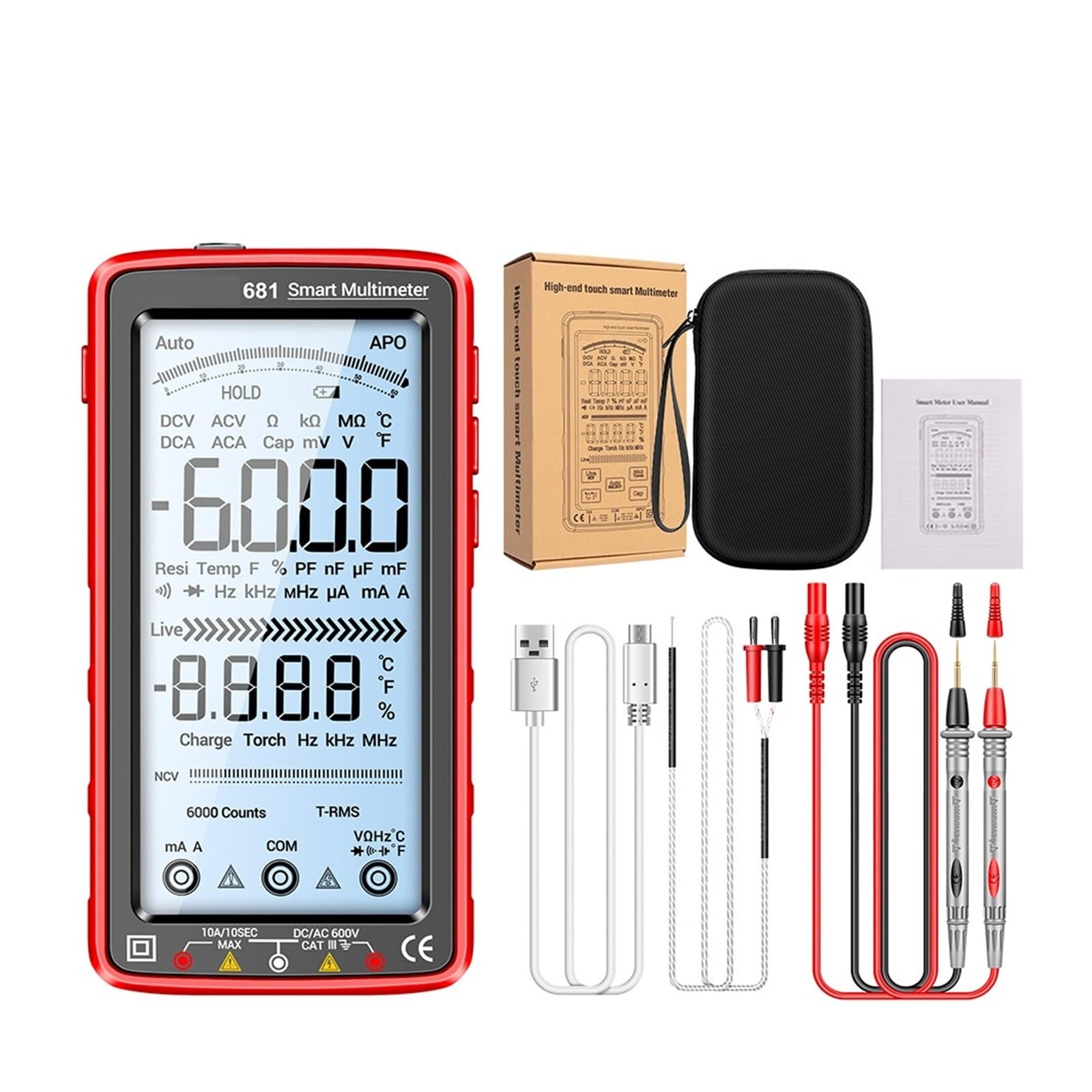 6000 Liczy Multimetr Cyfrowy Inteligentny, Odporny Na Oparzenia Akumulator Uniwersalny Miernik Tester NCV 5-calowy Duży Wyświetlacz LCD Z Podświetleniem(Red)