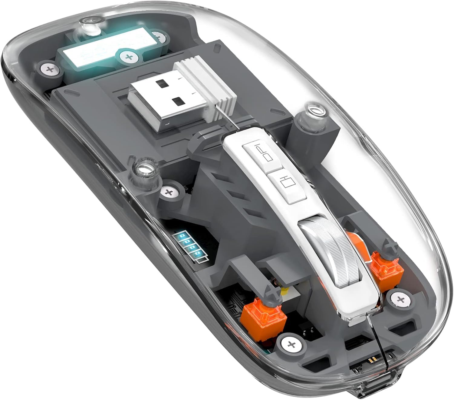 MICROWARE Wireless Transparent Mouse, Bluetooth Mouse Rechargeale, Power Display,DPI,Shortcut, Bluetooth5.1 + 2.4GHz 2in1 Receiver(USB) - Gray