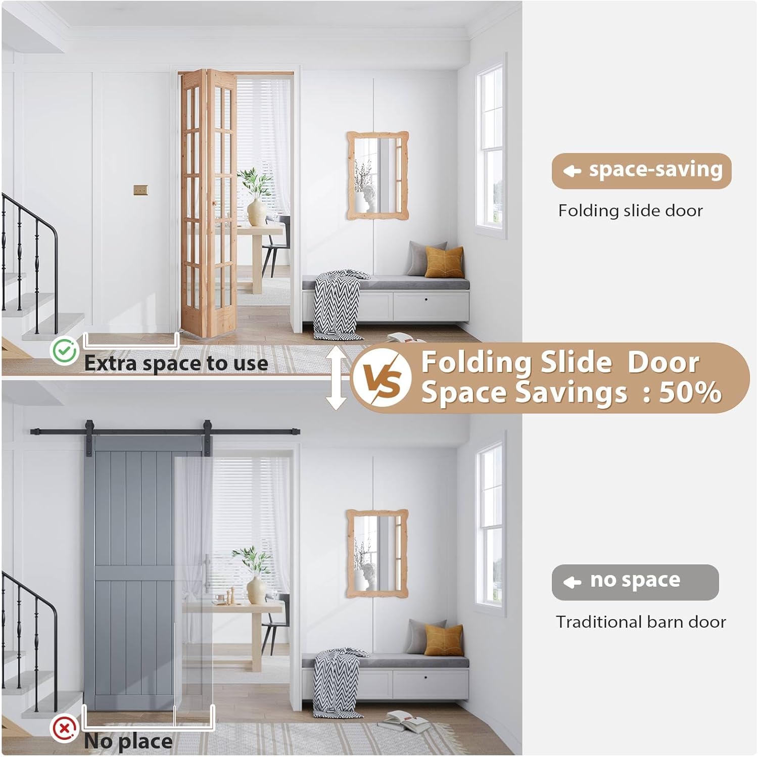 Comparison image showing a bifold door taking less space than a traditional barn door.