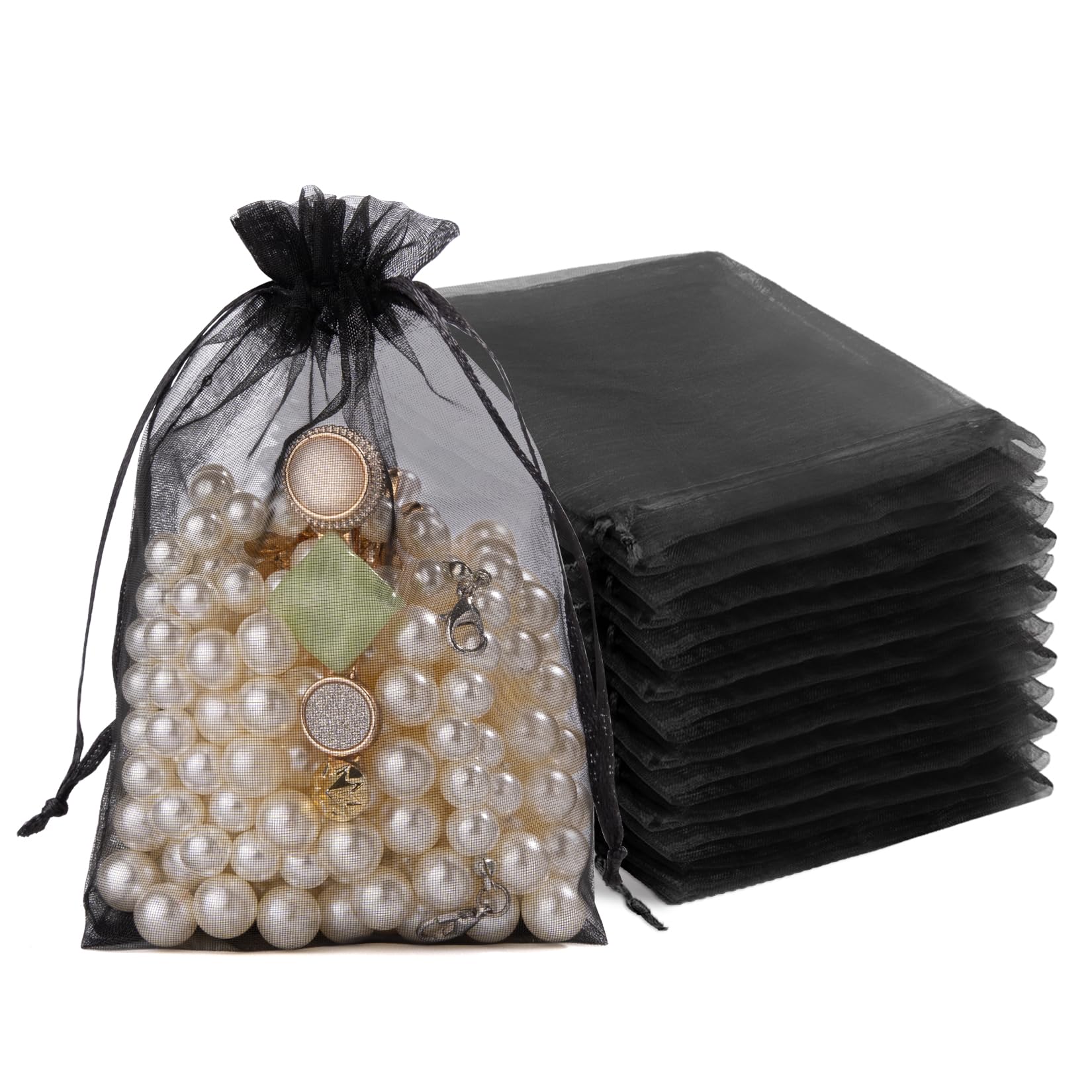 Crweety 50 Pcs Organza Bags 4x6, Black Small Mesh Gift Bags Drawstring Bulk