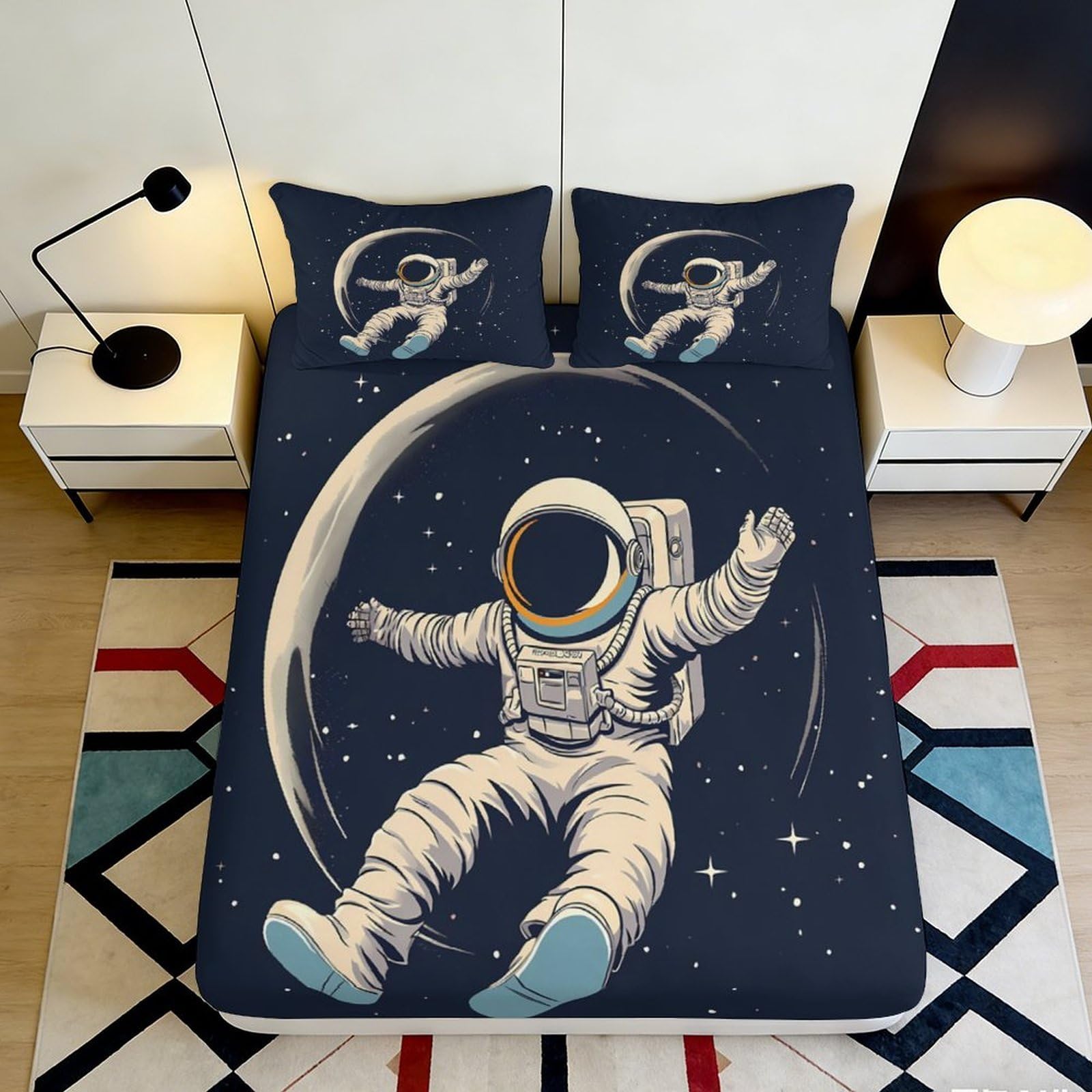 3D Printed Astronaut Fitted Sheet Microfiber Soft Breathable Space Moon Bed Cover for Bedroom Dormitory Guest Room Mattress Protection Decor 160x200x25cm