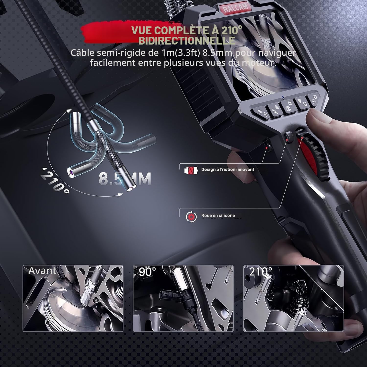 Ralcam Caméra Endoscope Industrielle 8,5 mm avec Écran 3,5" HD 1080P, Endoscope d’Inspection IP67 Étanche avec 8 LED, Câble Semi-Rigide 1M pour Tuyaux, Plomberie, Auto