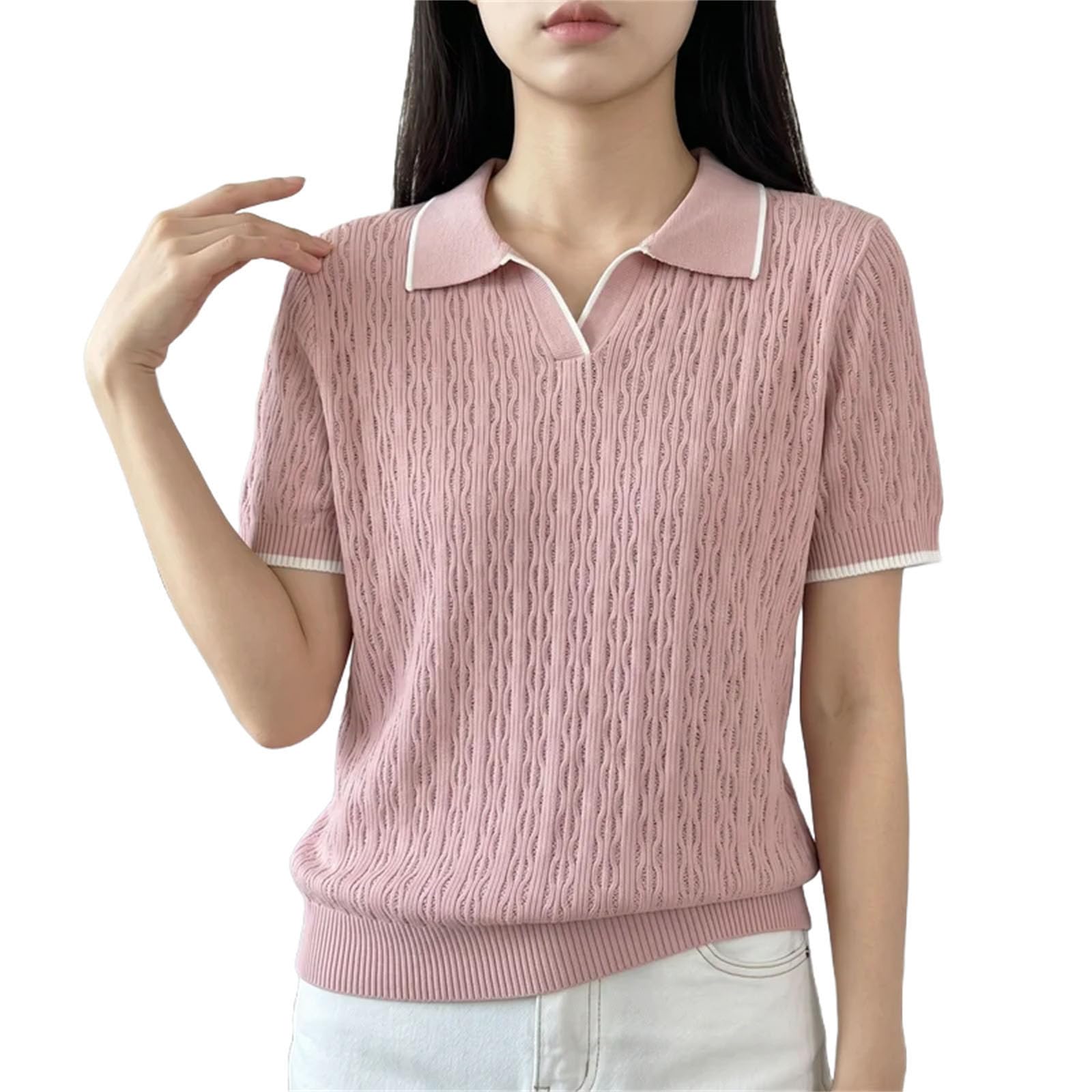 Polo da donna in cotone verde lavorato a maglia tinta unita manica corta casual pullover t-shirt