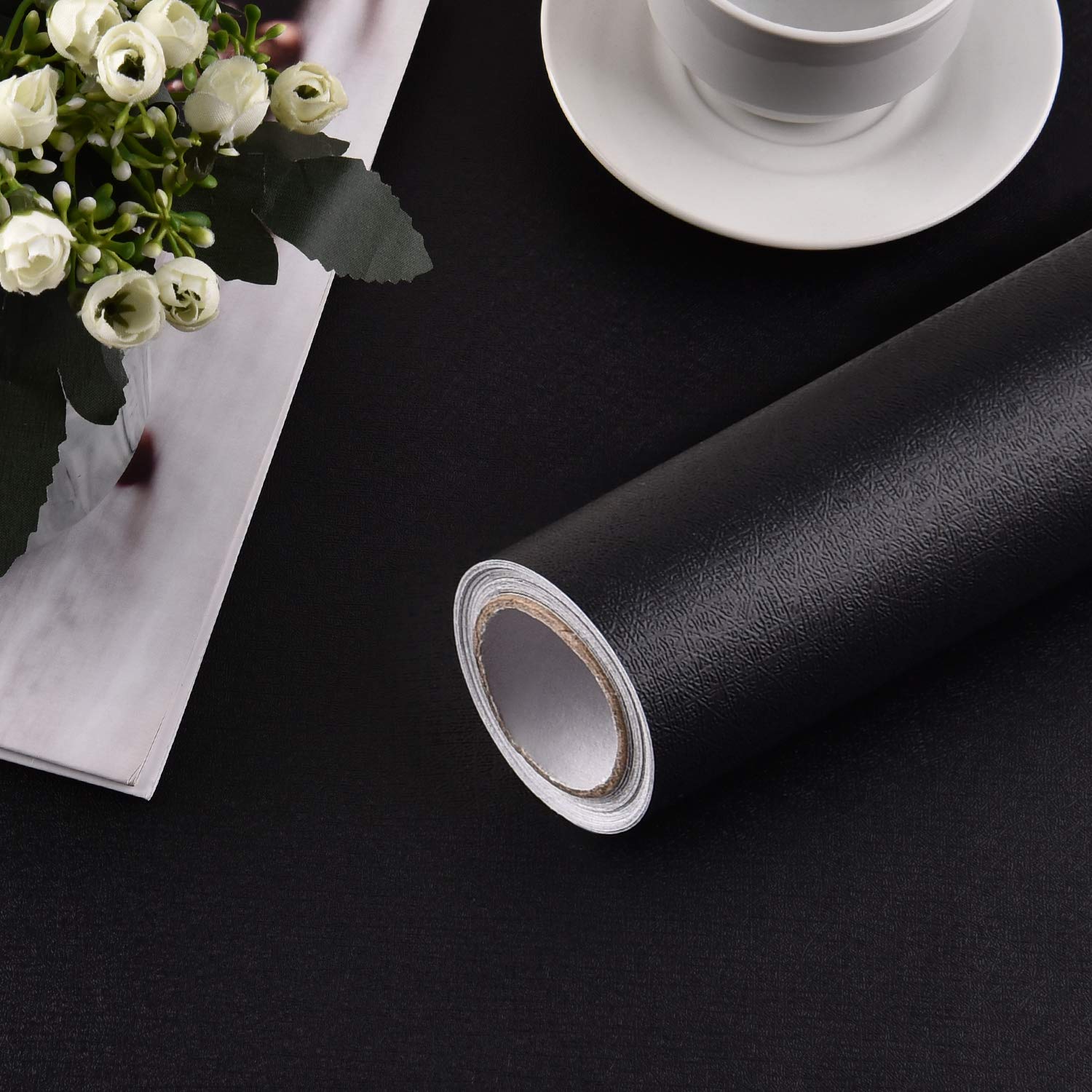 Mecpar Black Contact Paper - 17.71 in 16.4 Ft Durable Peel and Stick Wallpaper, Self-Adhesive, Removable, Decorative Film Roll, Easy to Apply