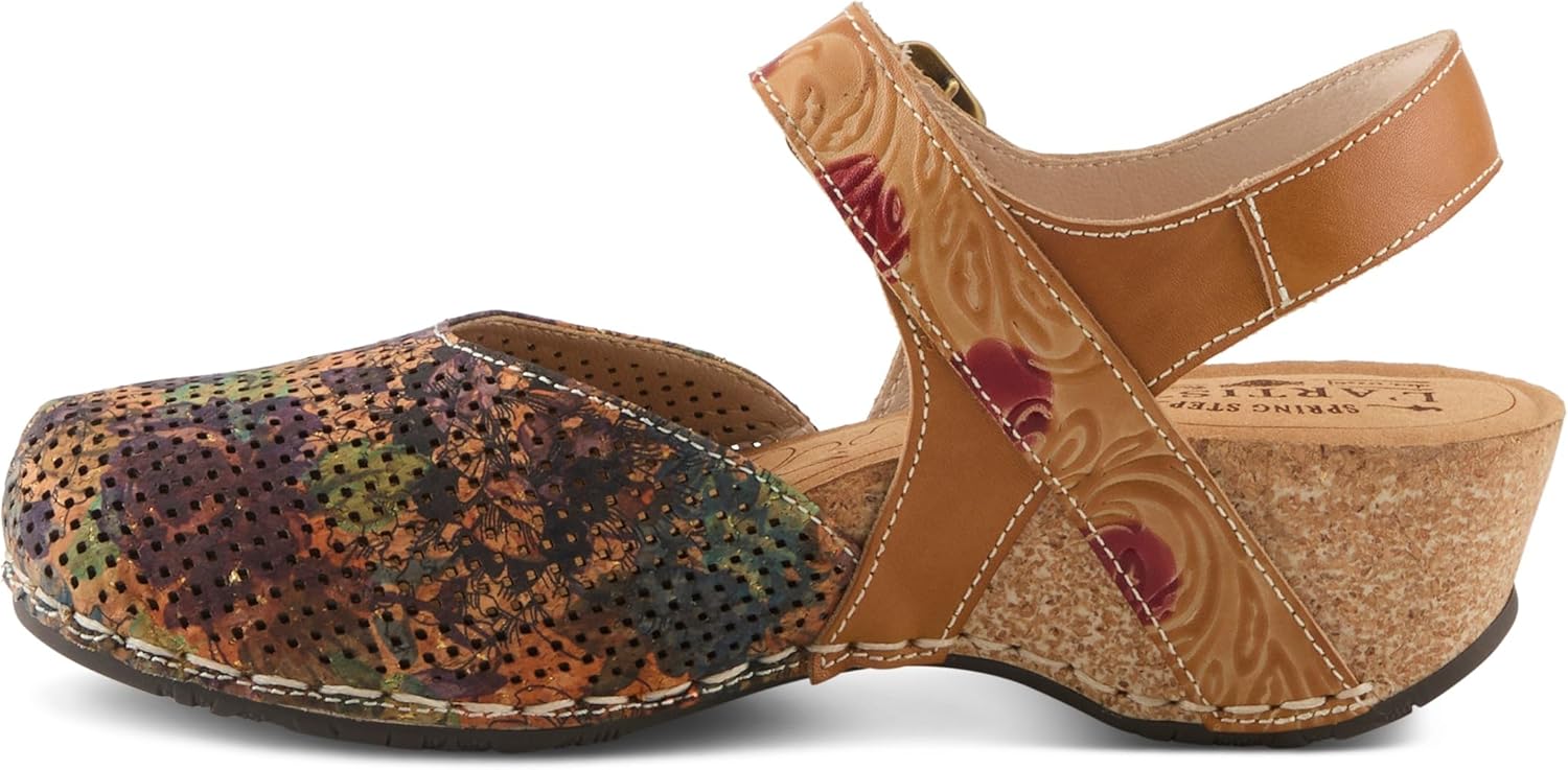 Spring Step L’Artiste Women's Koraline Mary Jane Flat Shoes – Hand Painted Floral Leather, Cushioned Microsuede Footbed, Adjustable Ankle Strap, 2″ Cork Wedge Heel