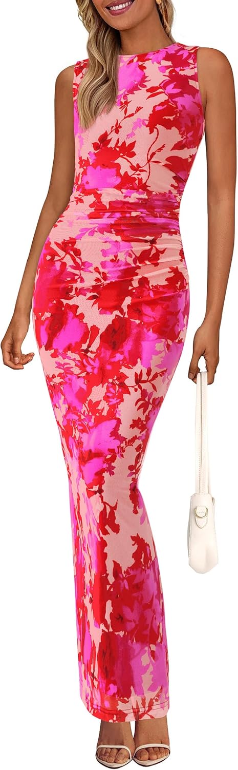 PRETTYGARDEN Womens Summer Wedding Guest Dress 2026 Spring Mesh Sleeveless Bodycon Ruched Floral Holiday Maxi Long Dresses