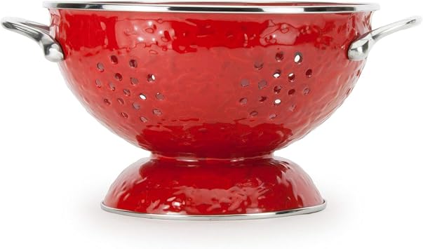 Golden Rabbit Enamelware Large Colander, 5 quart, Solid Red Textured | Carbon Steel Core with Porcelain Enamel Finish, Stainless Steel Rim & Handles, Ideal Food Strainer for Fruits & Vegetables