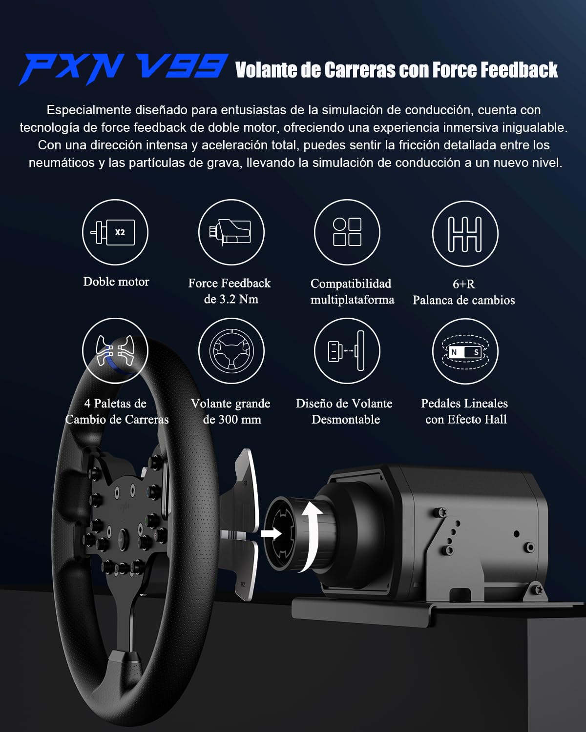 PXN V99 Volante de Juego – Force Feedback de 3,2 Nm, 270°&900°, 300 mm, 4 Palancas, 3 Pedales, Palanca de Cambios en H, App de Configuración – Volante para PC, Xbox y PS4