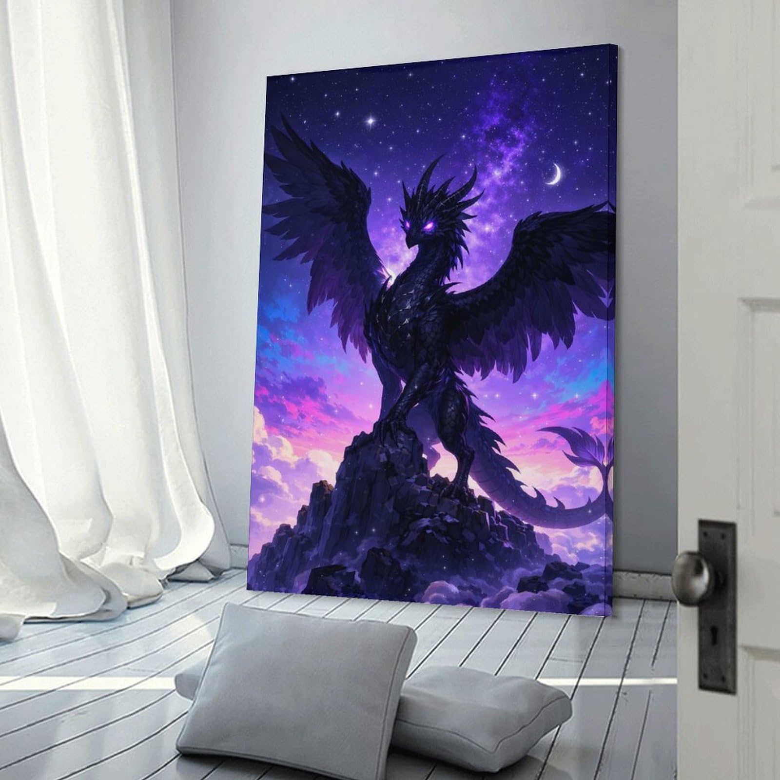 Junmoney Frame-Style-5 Black Dragon In A Starry Sky Canvas Wall Picture, 12X18inch(30X45cm), For Wall Displays, Bedrooms Or Room Updates, Wall Decor Suited To Curated Displays