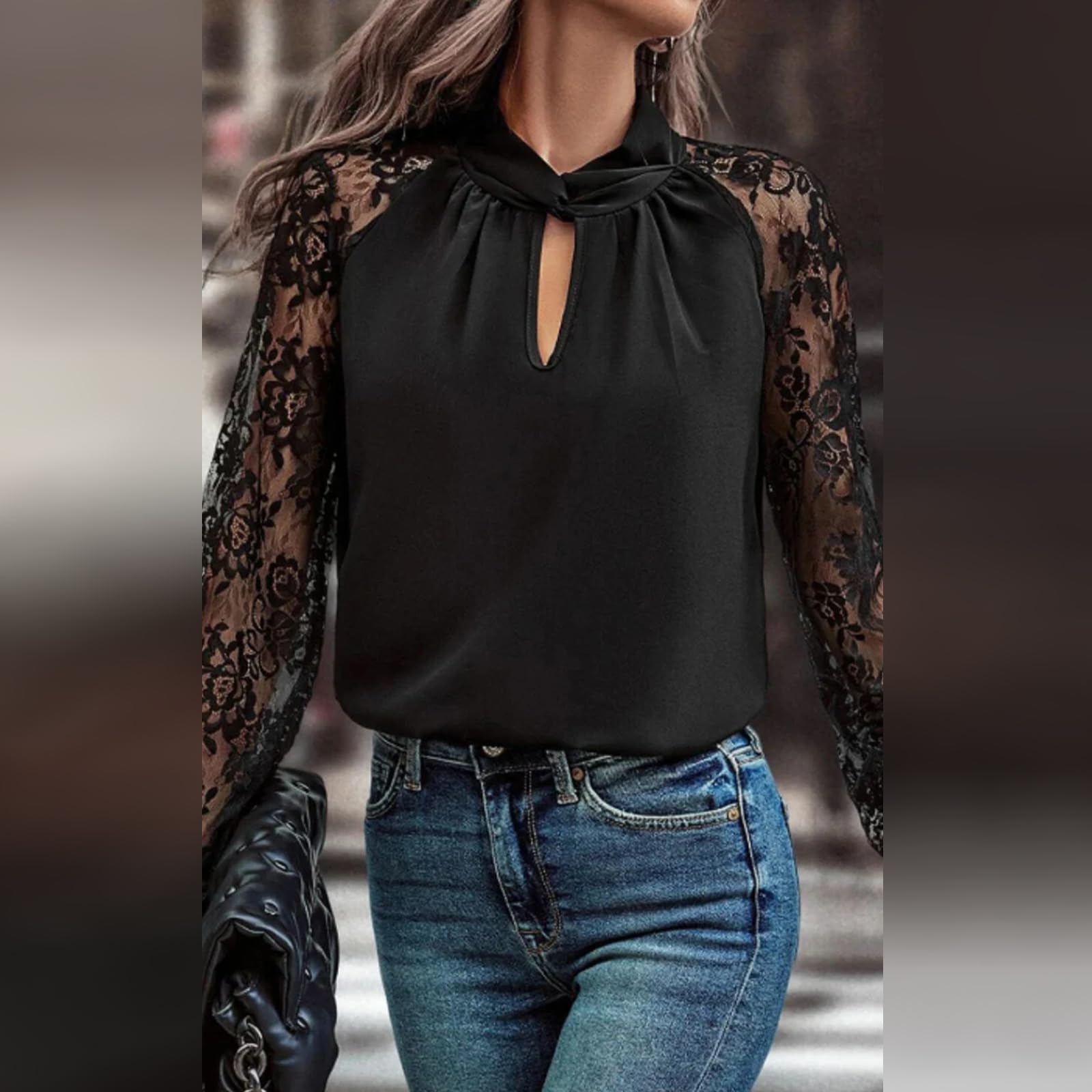 Blusa De Manga Larga con Detalle De Encaje Recortado, Blusa De Malla Transparente con Mangas Largas Y Encaje para Mujer (M,Negro)