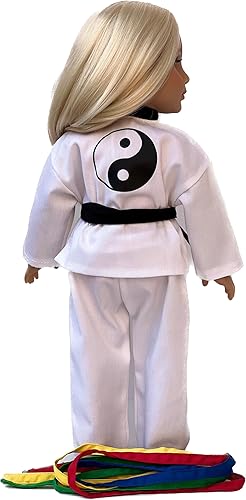 Miniatura 4 de - Yin y Yang - Traje de karate/Tae Kwon Do incluye blusa, pantalones y 5 cinturones - Amarillo, verde, rojo, azul y negro - Ropa para muñecas de 18