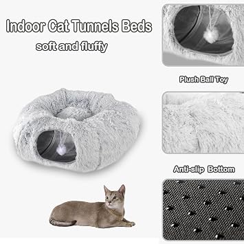 Plush Cat Tunnel Bed Collapsible FluffyTunnels for Indoor Cats Stuff Accessories for Puppy, Kitty, Kitten, Rabbit Small Pets Bed Toy