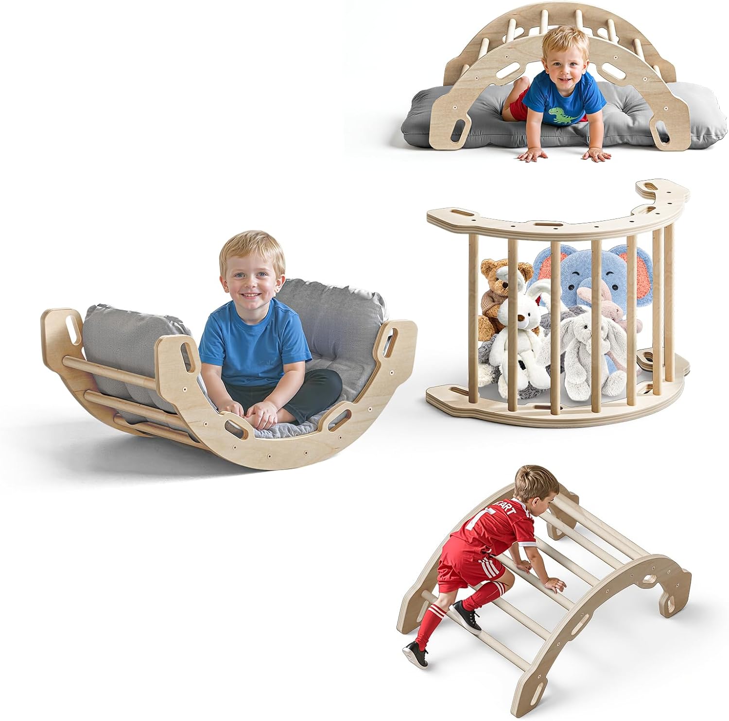 COSYLAND Kids Climbing Arch Rocker with Cushion - Wooden Toddler Climbing Toys Indoor with Handrails on Each Side - Paintless Indoor Pikler Playground Arch Climbing Ladder (Natural) Natural Medium