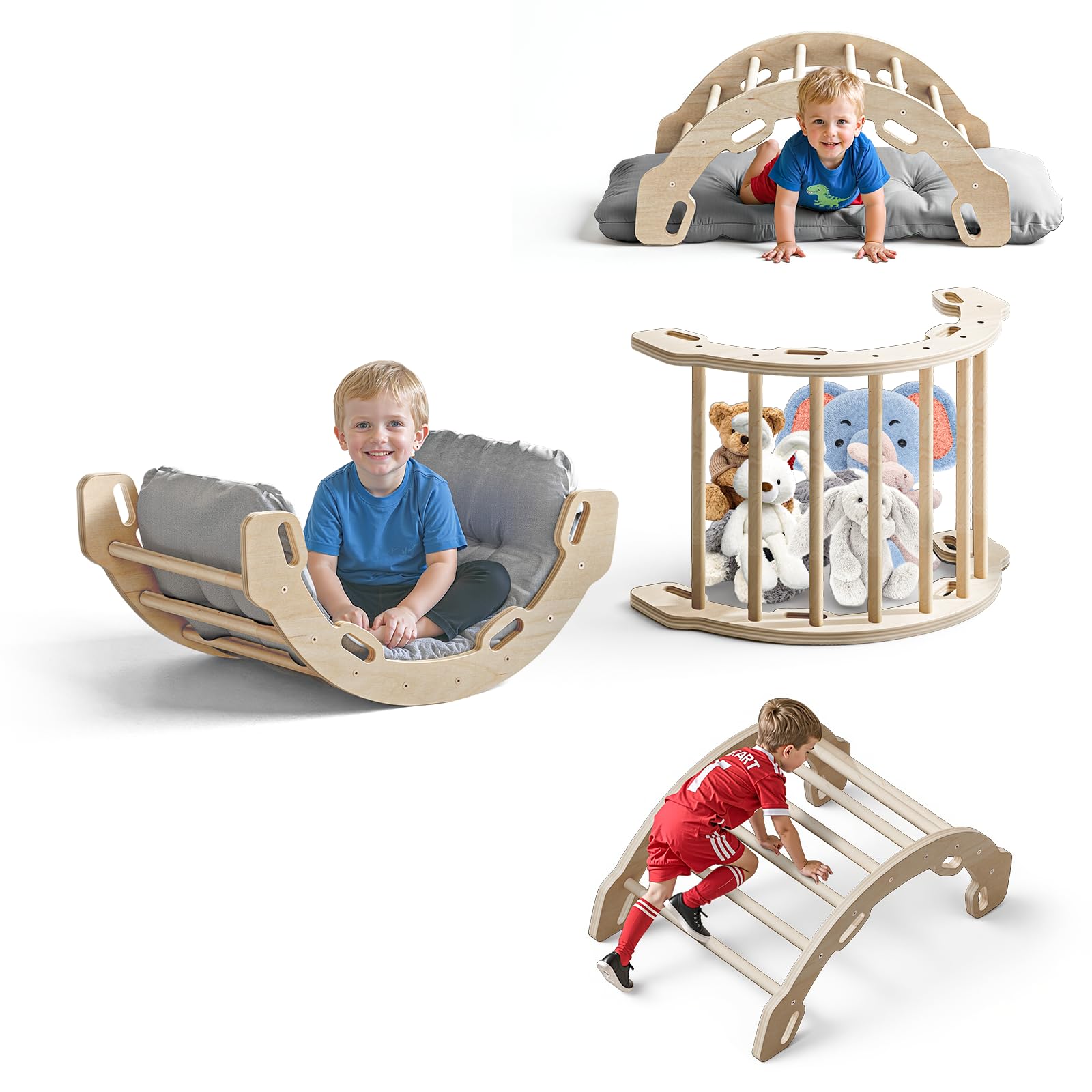 COSYLAND Montessori Łuk wspinaczkowy z drewna z poduszką, łuk do wspinaczki dla dzieci od 1 roku życia, dla dzieci do kołysania, wspinaczki i raczkowania, drewniany kołysk, dla dzieci wnętrz