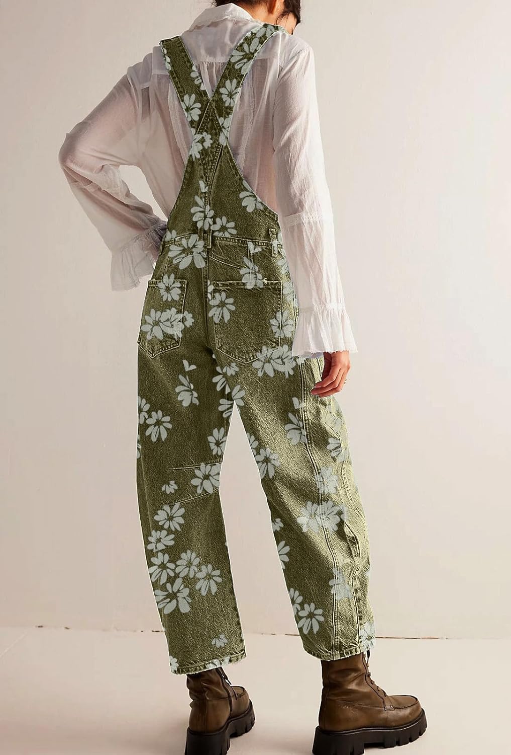 loveimgs Women Floral Print Denim Overalls Baggy Barrel Jeans Patchwork Denim Pants Y2k Straps Wide Leg Jumpsuit One Piece