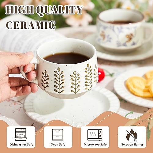 Miniatura 4 de LemonRoad 2 juegos de tazas de café florales vintage, tazas de té de cerámica con platillos de 10 onzas, tazas de café capuchino de porcelana