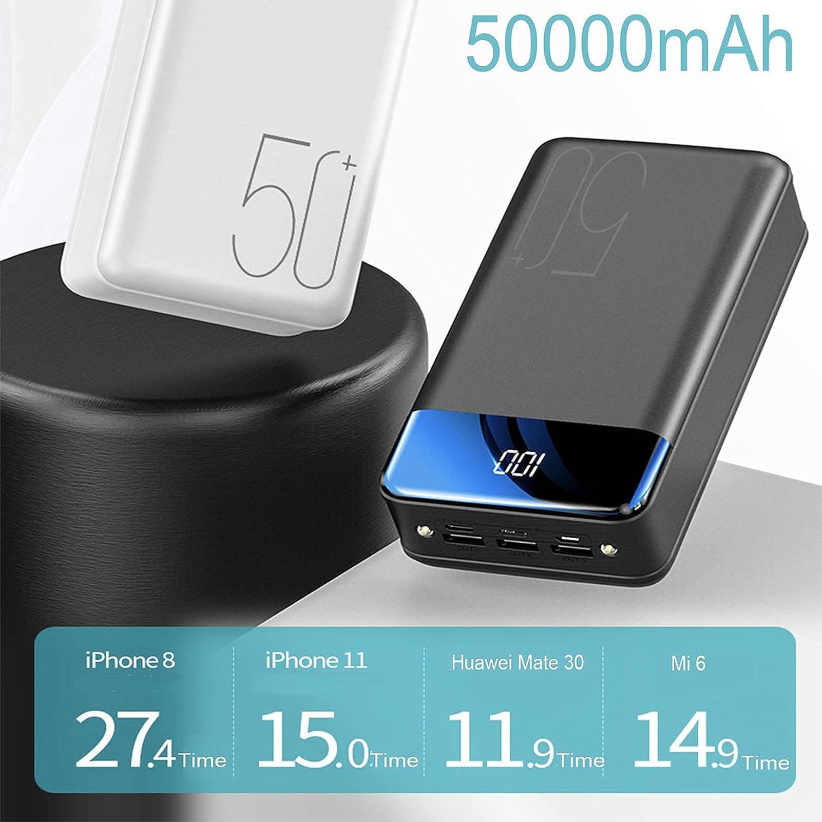 50000 Mah Banco De Energía Portátil Cargador De Carga Ultracompacto De Alta Velocidad Salidas USB Duales Entradas Tipo C Y Micro USB Para Teléfonos Inteligentes, Tabletas, Consolas De Juegos(Black)