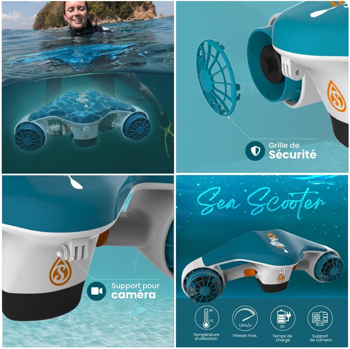 Pack Sea Scooter avec 1 Batterie intégrée + Sac étanche - Autonomie 35min - Moteur 500W - Vitesse 1.5 m/s