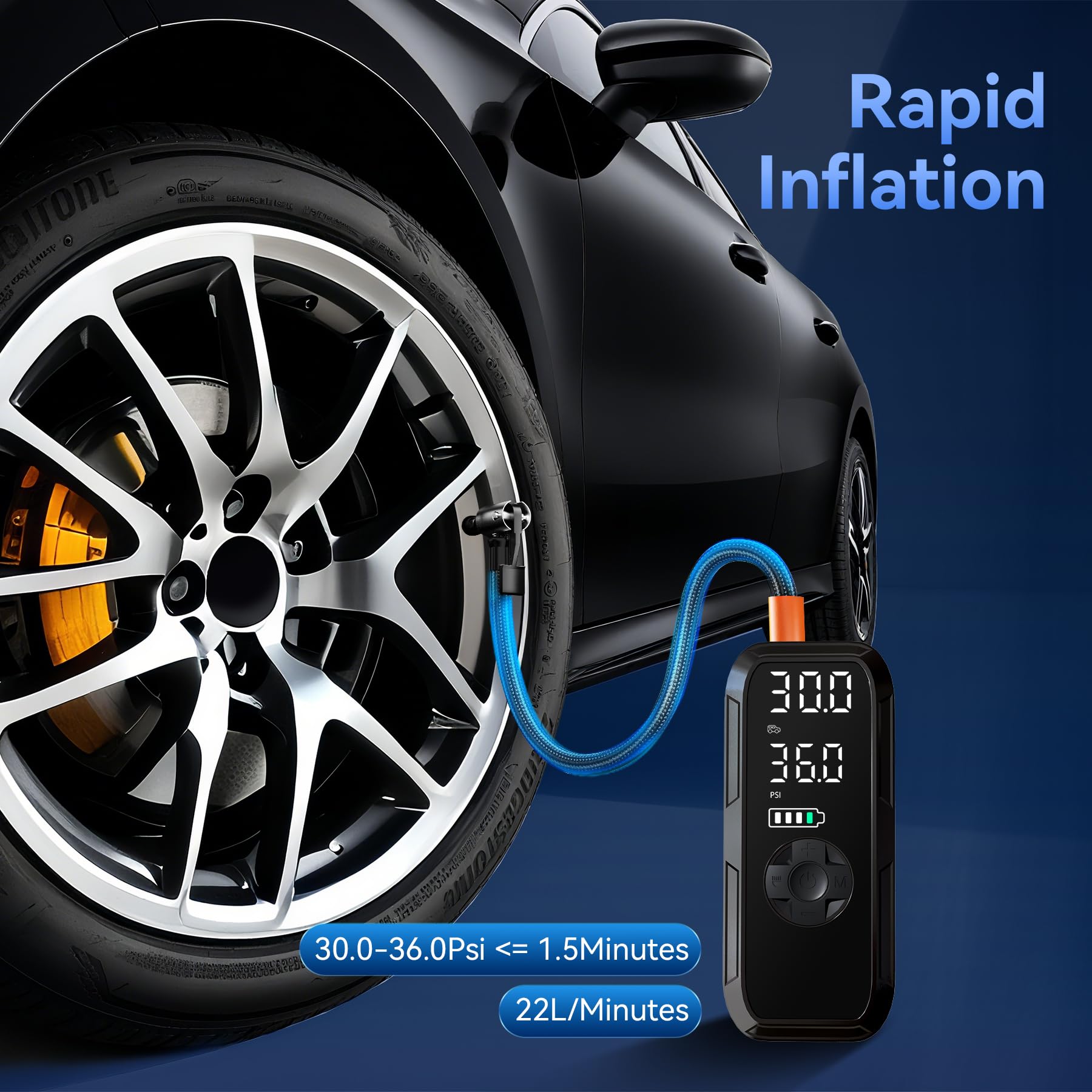 Vulisox Corded/Cordless Tyre Inflator Portable Air Compressor, 6000 mAh 150PSI 12V DC Electric Tyre Pump with LED Lights, Auto Shut-Off, Rechargeable as Power Bank, for Car, Bike, Motorbike, Ball — view 2