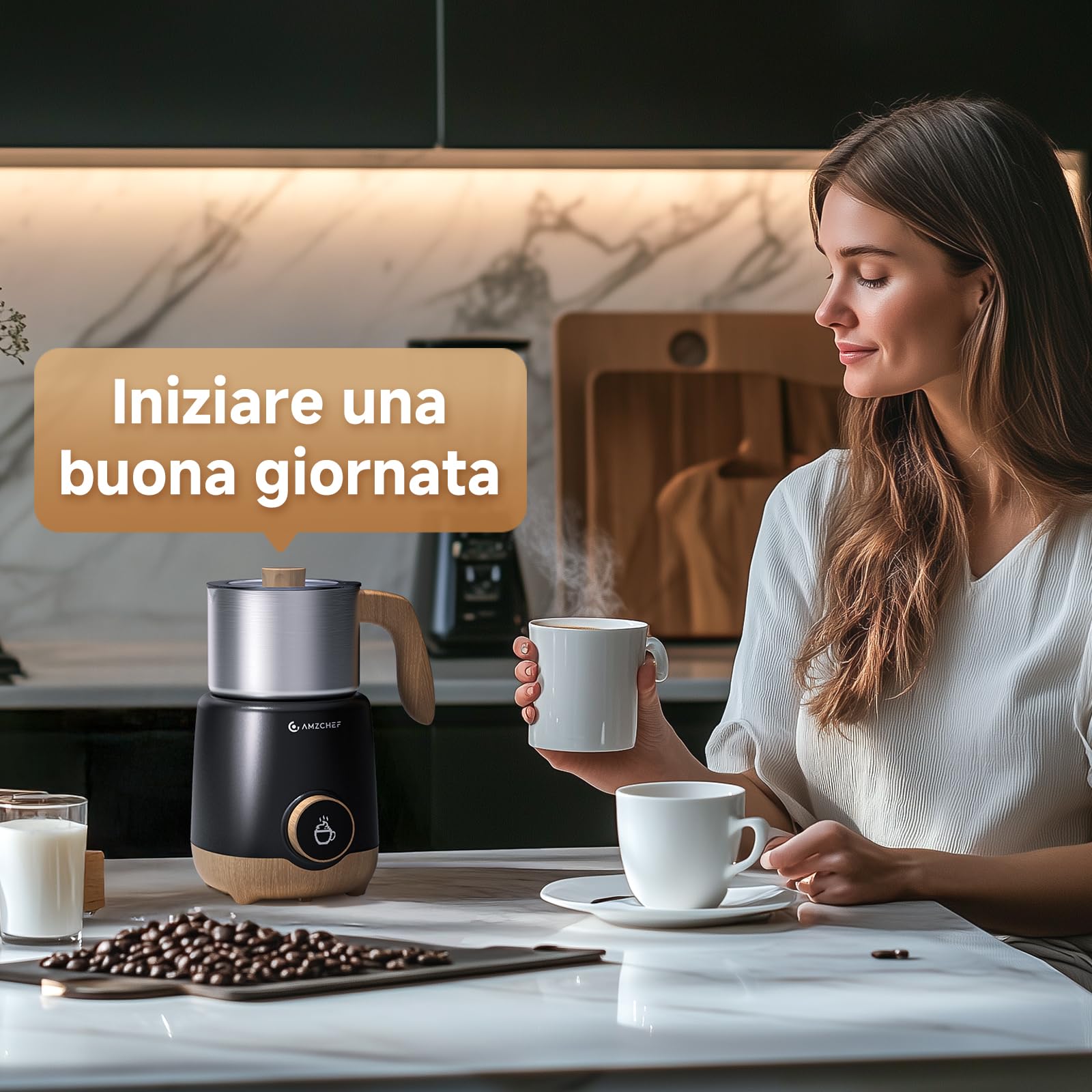 AMZCHEF Montalatte Elettrico 600 ml – 8-in-1 Latte Caldo e Freddo, Schiuma Dens o Ariosa, Latte di Mandorla/Soia, per Cappuccino, Cioccolata Calda, Alimenti per Bambini – 550 W