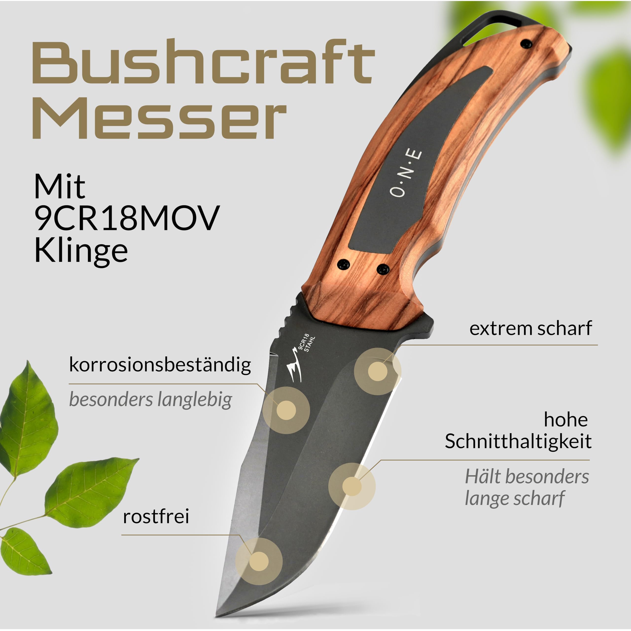 BERGKVIST® Bushcraft nóż ONE ze stałym ostrzem Full Tang (9,7 cm) – dopuszczony do przewożenia w Niemczech – nóż survivalowy do użytku na zewnątrz z uchwytem z prawdziwego drewna, kaburą, krzesiwem i