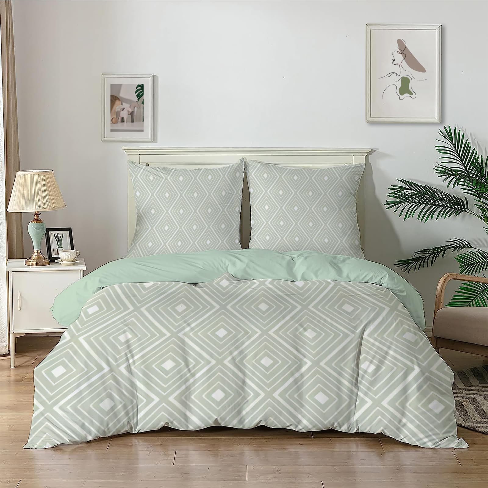 Dyausi Sage Green Duvet Cover Sets Geometric Lines Reversible Superking Size Duvet Cover Sets With Zipper Closure Soft Breathable Microfiber Quilt Cover 260X220cm And Pillowcases For Man Woman