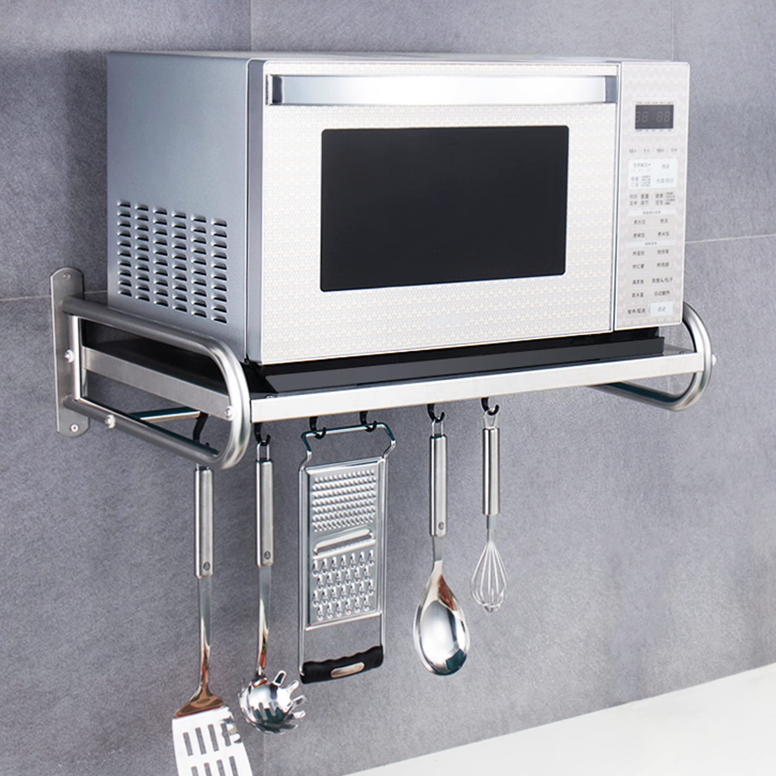 Étagère micro-ondes en acier inoxydable avec 6 crochets argentés pour cuisine