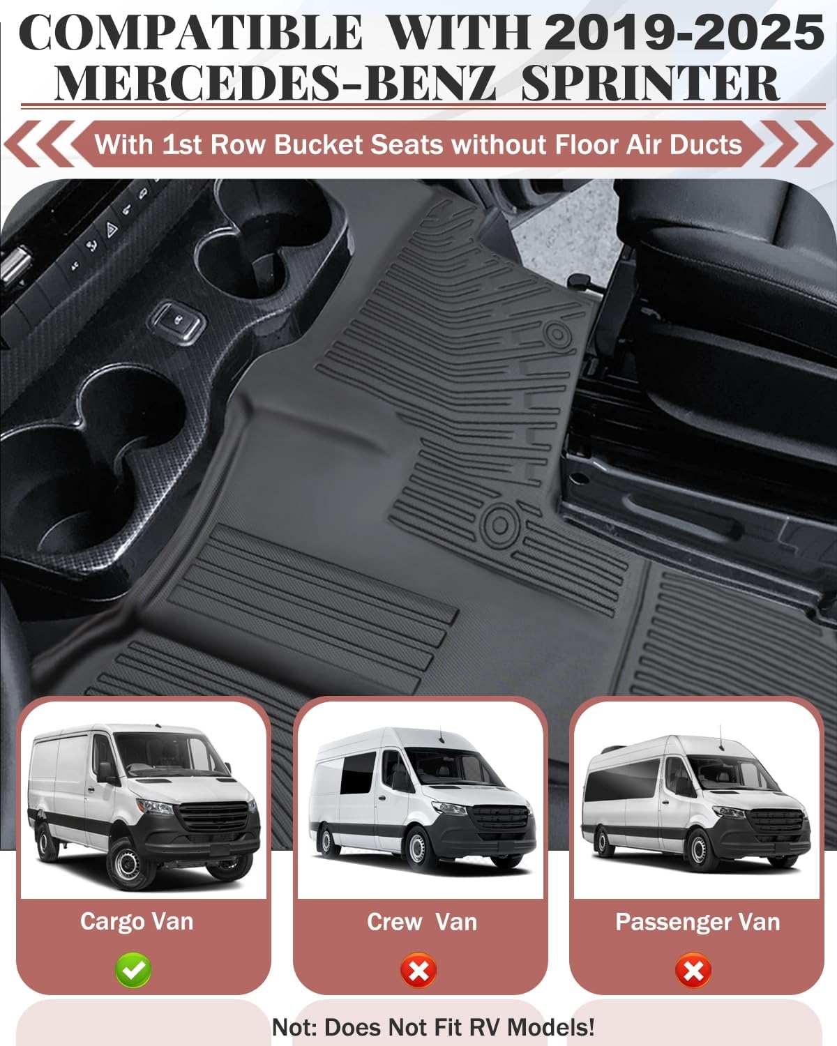 Icyhaws® Floor Mats for Mercedes Benz Sprinter 2500/3500 2019-2025 With 1st Row Bucket Seats, All-Weather TPE Rubber Car Mats, Driver & Passenger Floor Liners Accessories for Sprinter Cargo Van Models