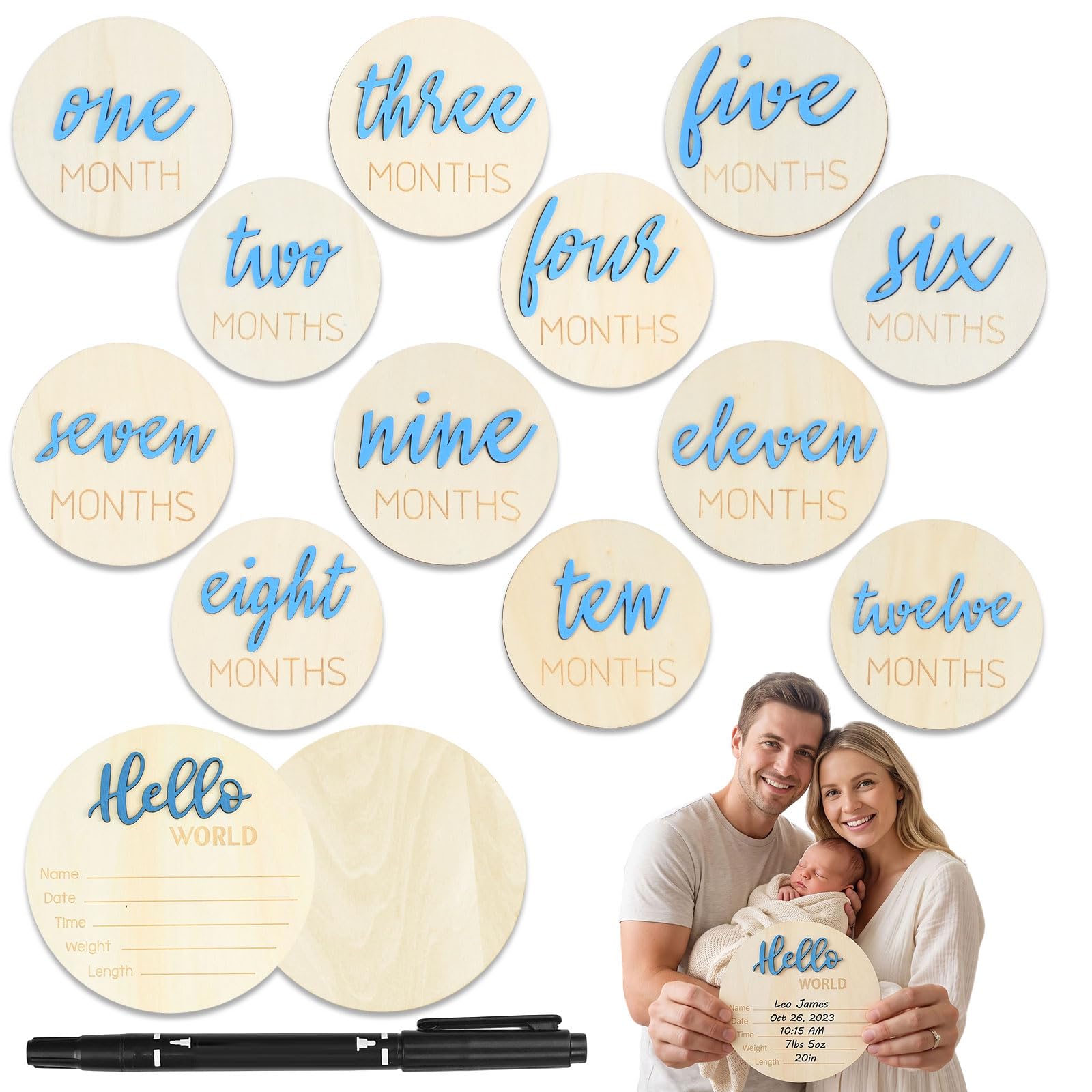 7 Pcs Baby Milestone Cards - 6 Double Sided Wooden Monthly Milestone Signs and 1 Birth Plaque and 1 Black Pen, 3D Newborn Age Announcement Sign for Photos, 1-12 Months Newborn Shower Gifts, Blue
