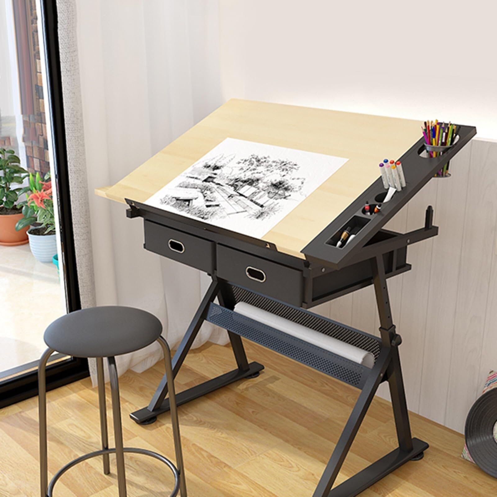 OTQEFTN Art Craft Workstation, Height Adjustable Drawing Desk with 0°-80° Tilting Tabletop, Storage Drawers, for Technical Drawing, Painting, Writing