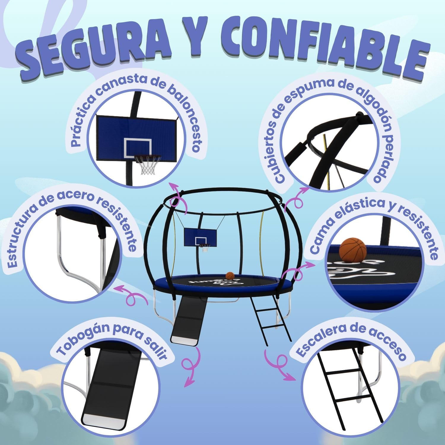 JumPop® Trampolines para Niños en 183/244/305cm con Tobogán de Regalo + Canasta y Pelota de Basket | Camas Elásticas para Niños Exteriores con Vídeo QR incluído de Montaje