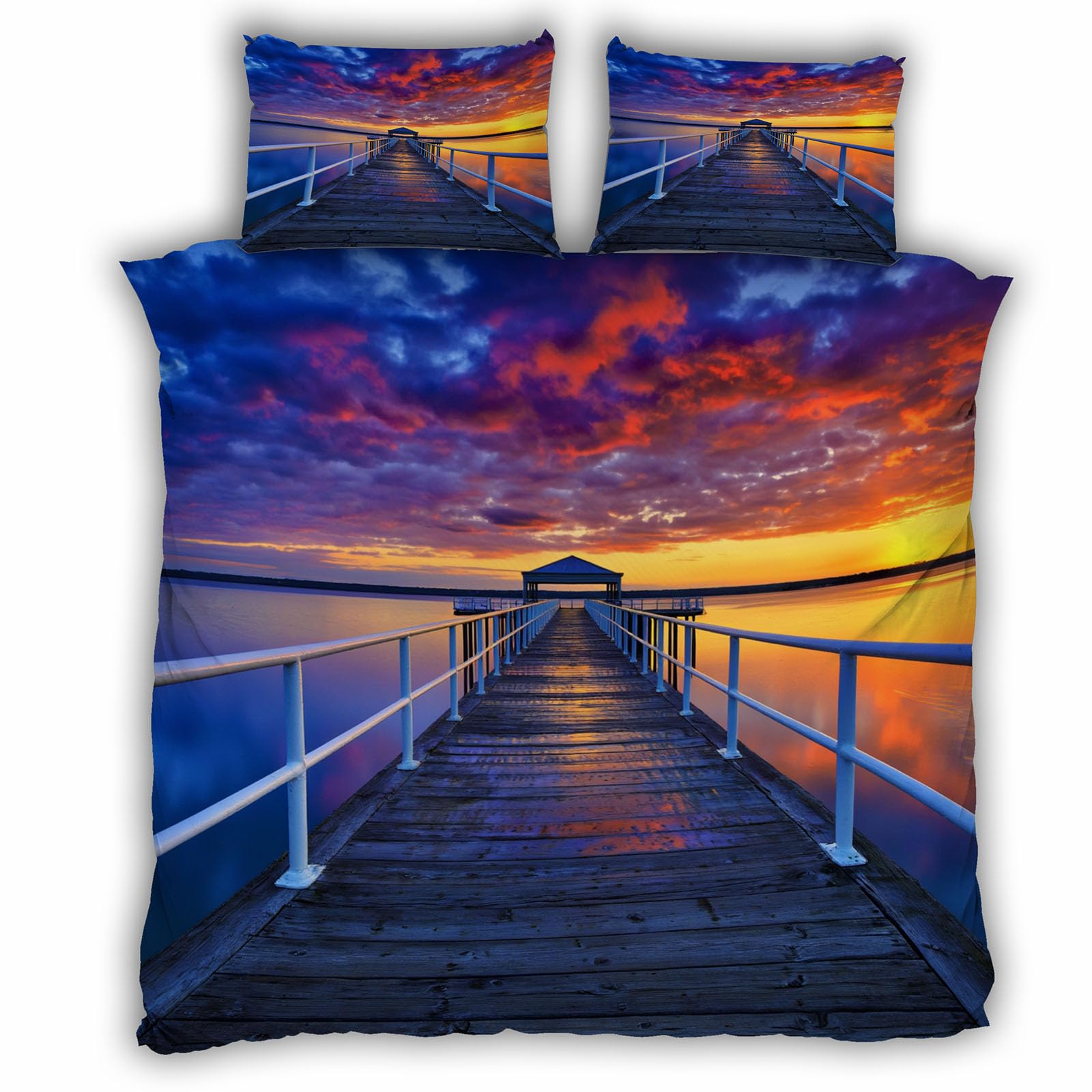 Housse de Couette 220x240 Anti-Plis Coucher de Soleil Parure Lit Fermeture Éclair