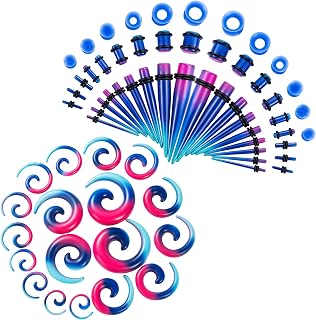 66Pcs Ear Gauge Stretching Kit 14G-00G Ear Gauges Expander Set Acrylic Tapers Plugs Silicone Tunnels Spiral Tapers Tunnels Gauges Expander Body Piercing Jewelry