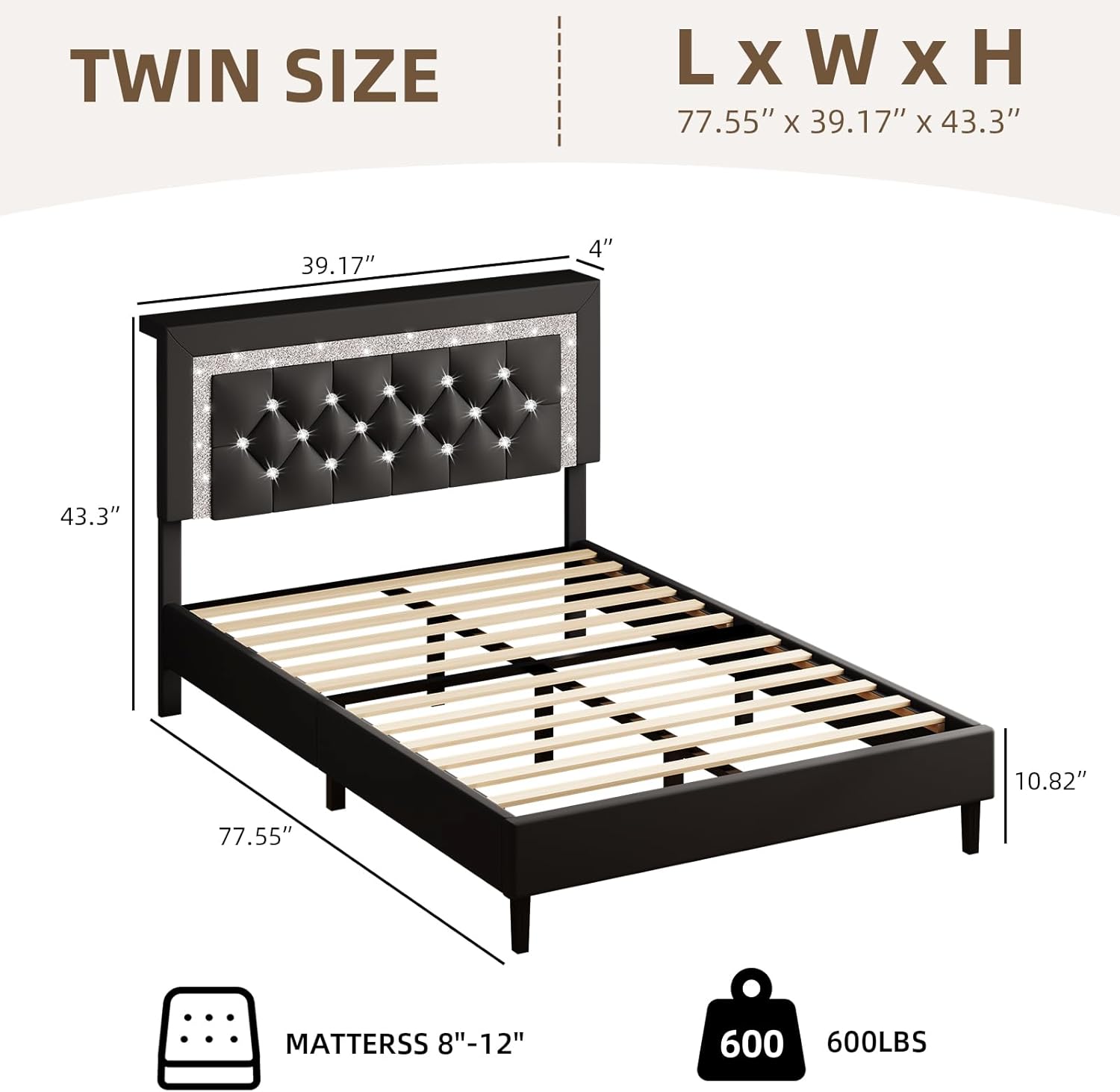Twin Bed Frame with Storage Headboard, Upholstered Platform Bed Frame with Diamond Tufted Headboard and LED Lights, Wooden Slats Support, Noise Free, No Box Spring Needed, Easy Assembly, Black
