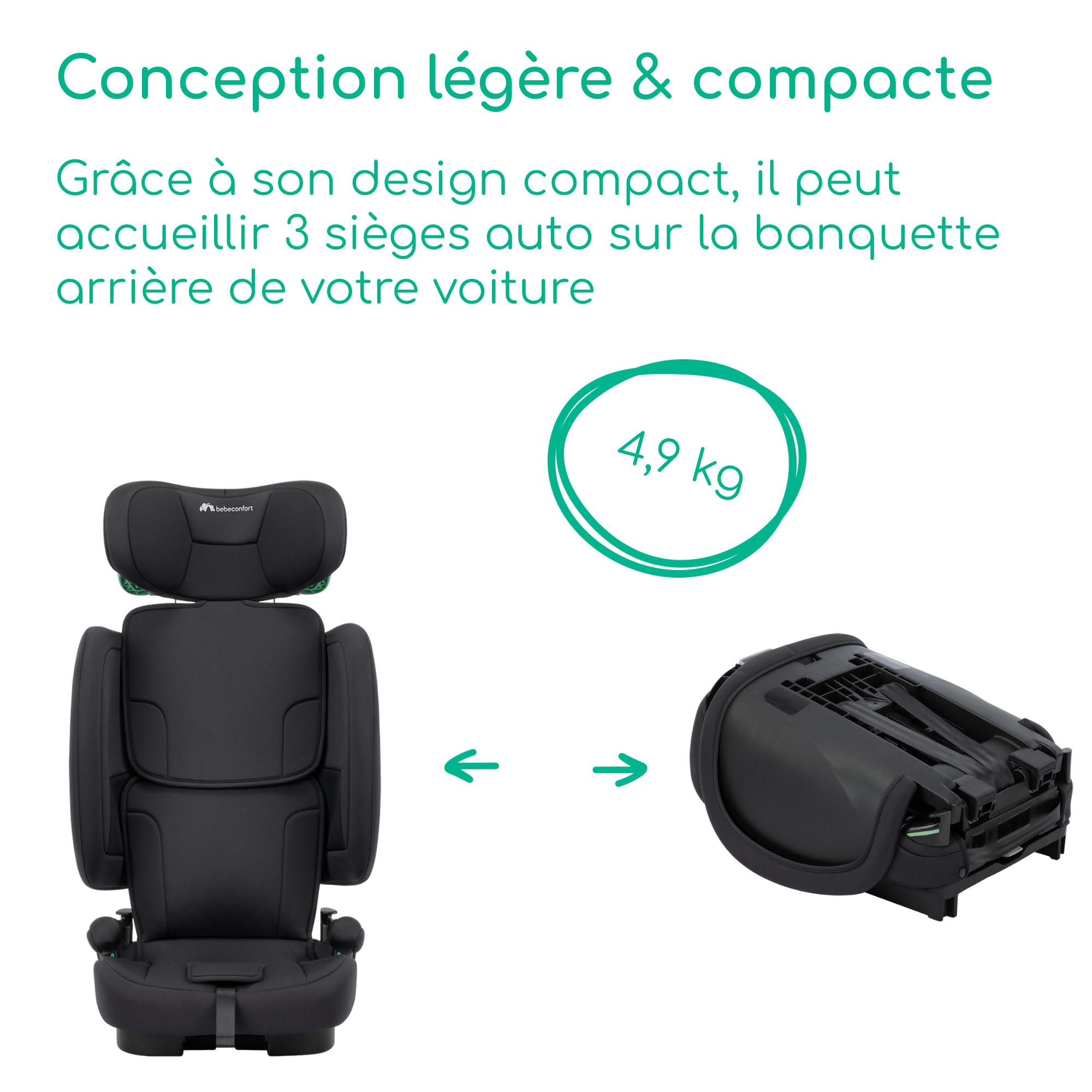Bebeconfort Ever & Go i-Safe, Siège-Auto Évolutif, 15 Mois - 12 Ans, 76-150 cm, Siège-Auto de Voyage Pliable, Compact & Léger (4.9 kg), 15 Positions d'Appui-Tête, Full Black
