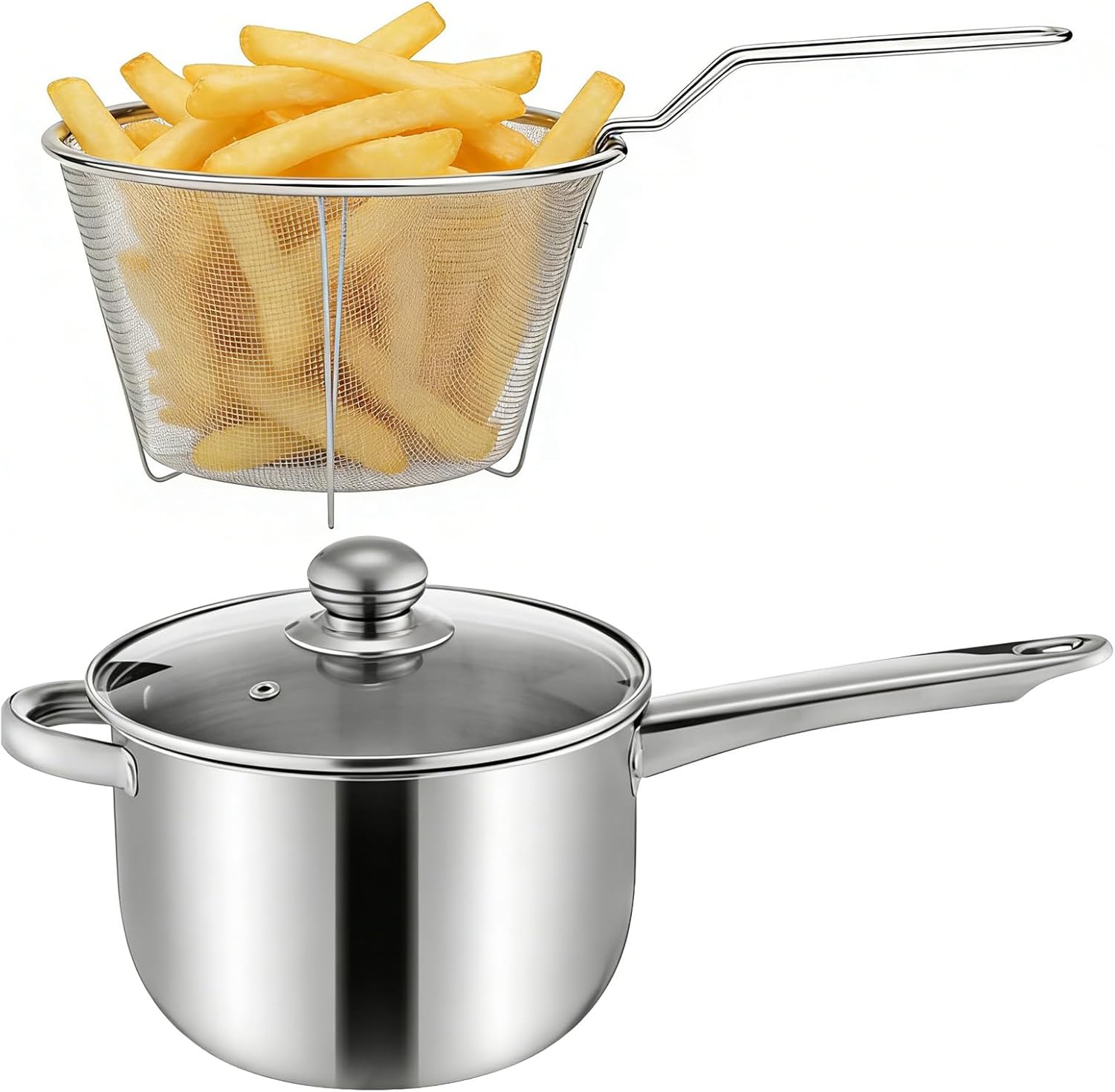 Frying Pot – Large Capacity Non-Stick with Lid and Basket – Stainless Steel Pot with Basket, Suitable for Electric and Ceramic Cookers, for Cooking Potato Chips, Seafood, Soups, Use