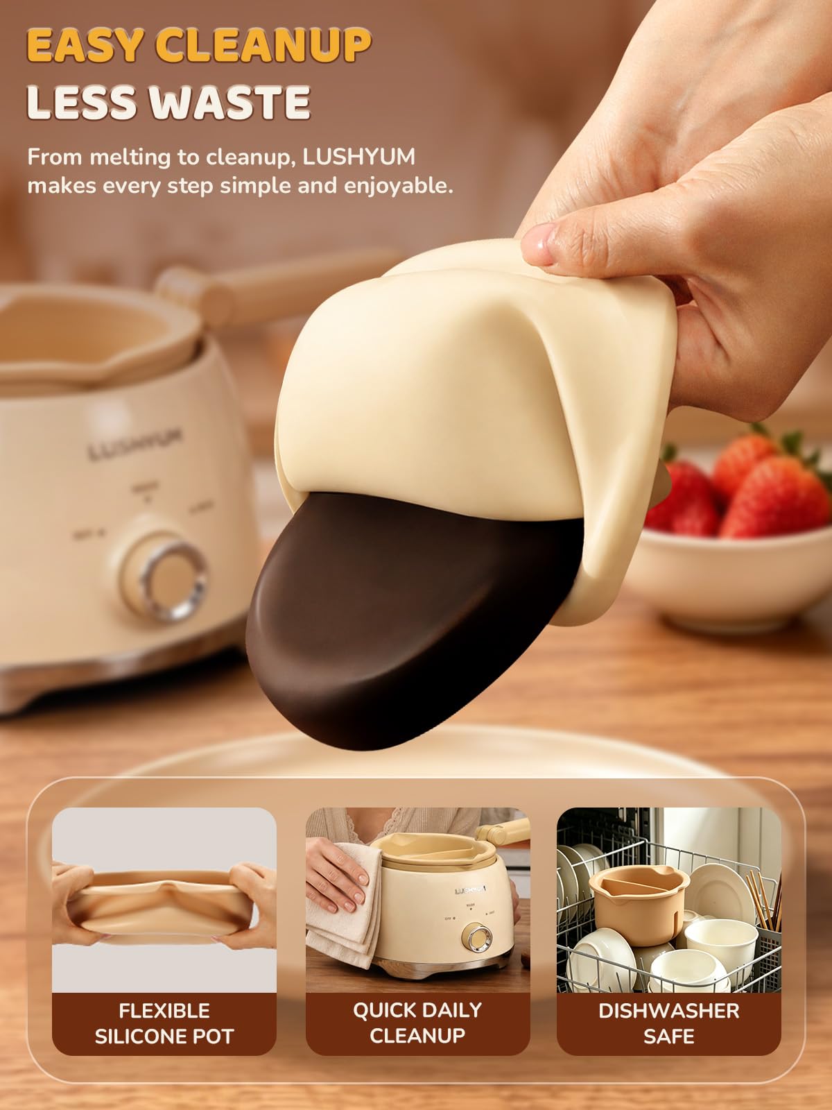 LUSHYUM Olla para derretir chocolate con 2 macetas de inserción, máquina calentadora de capacidad de 4 tazas, herramienta de inmersión ideal, suministros de cocina, regalo para hacer pasteles, fresas,