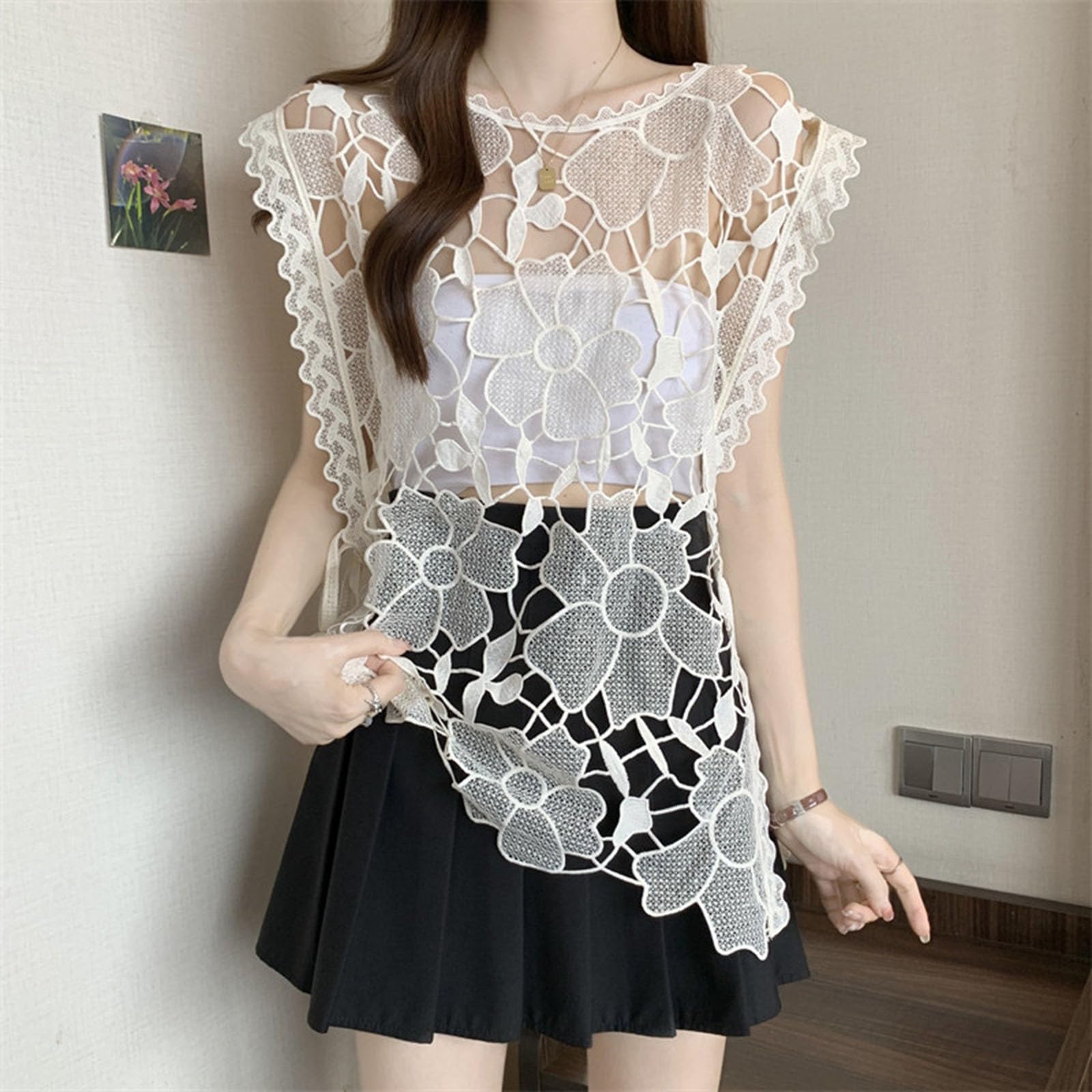 Canottiera Svuotata da Donna Sexy Trasparente Senza Maniche con Ricamo Floreale Top Estivo Boho Pullover